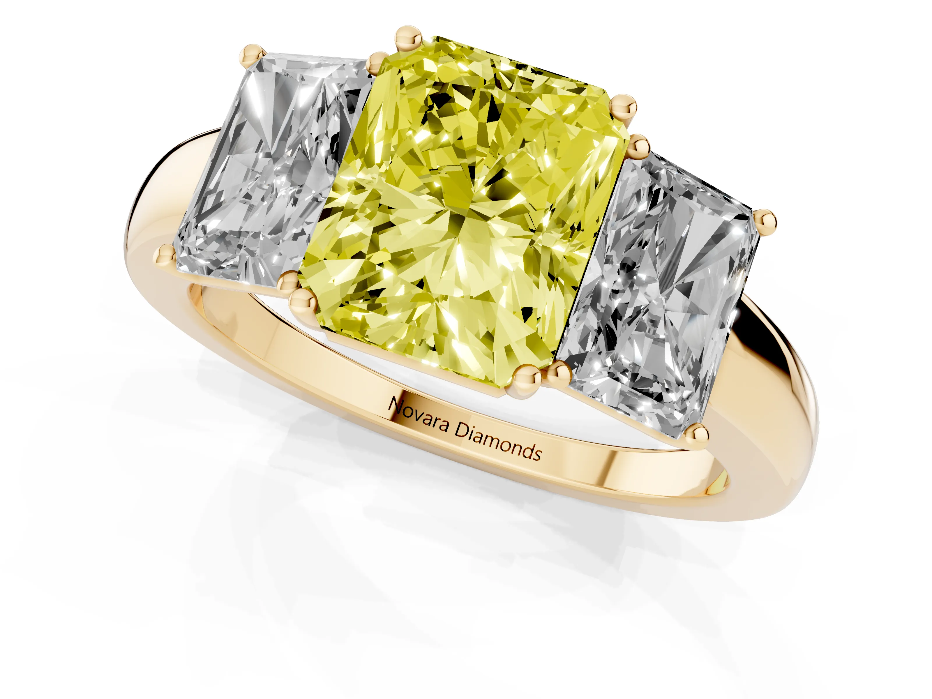 Fancy Yellow Radiant Cut Diamond Three-Stone Ring Set in Yellow gold with Bold Center and Classic Band
