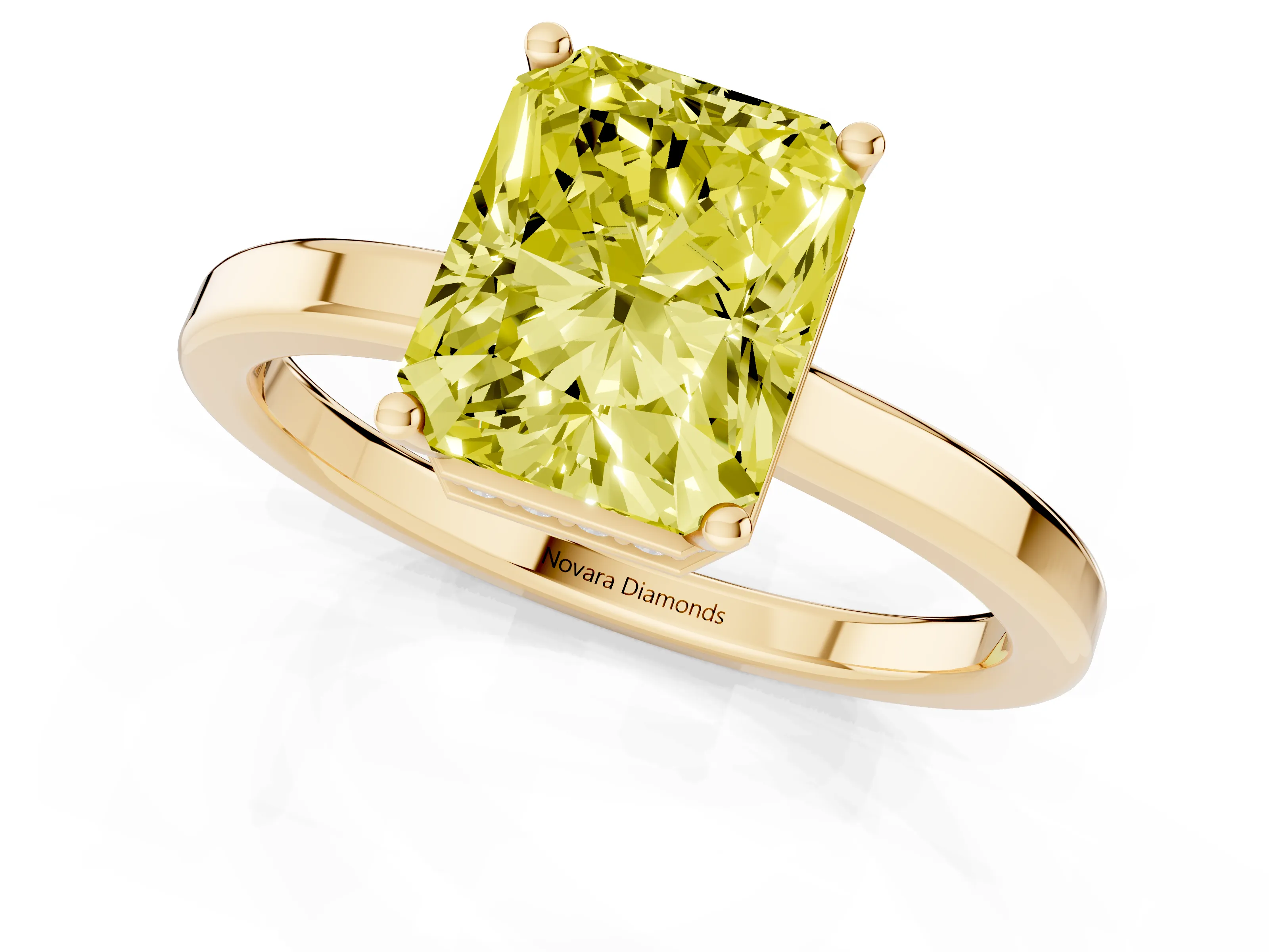 Fancy Yellow Radiant Cut Diamond Solitaire Engagement Ring Set in Yellow gold with Prong Setting on a Plain Band