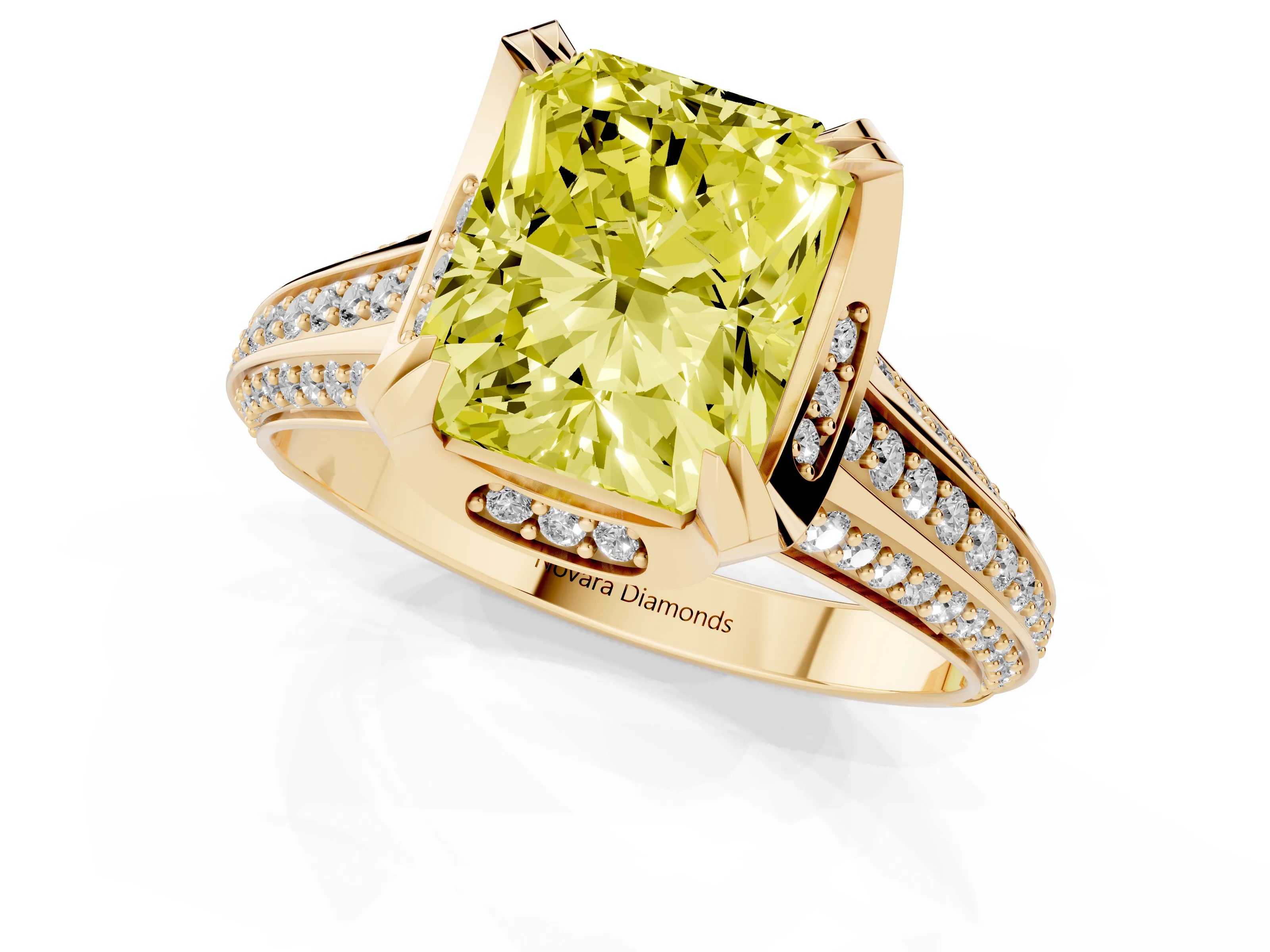 Fancy Yellow Radiant Cut Diamond Pavé Split Shank Solitaire Ring Set in Yellow gold with Prong Setting