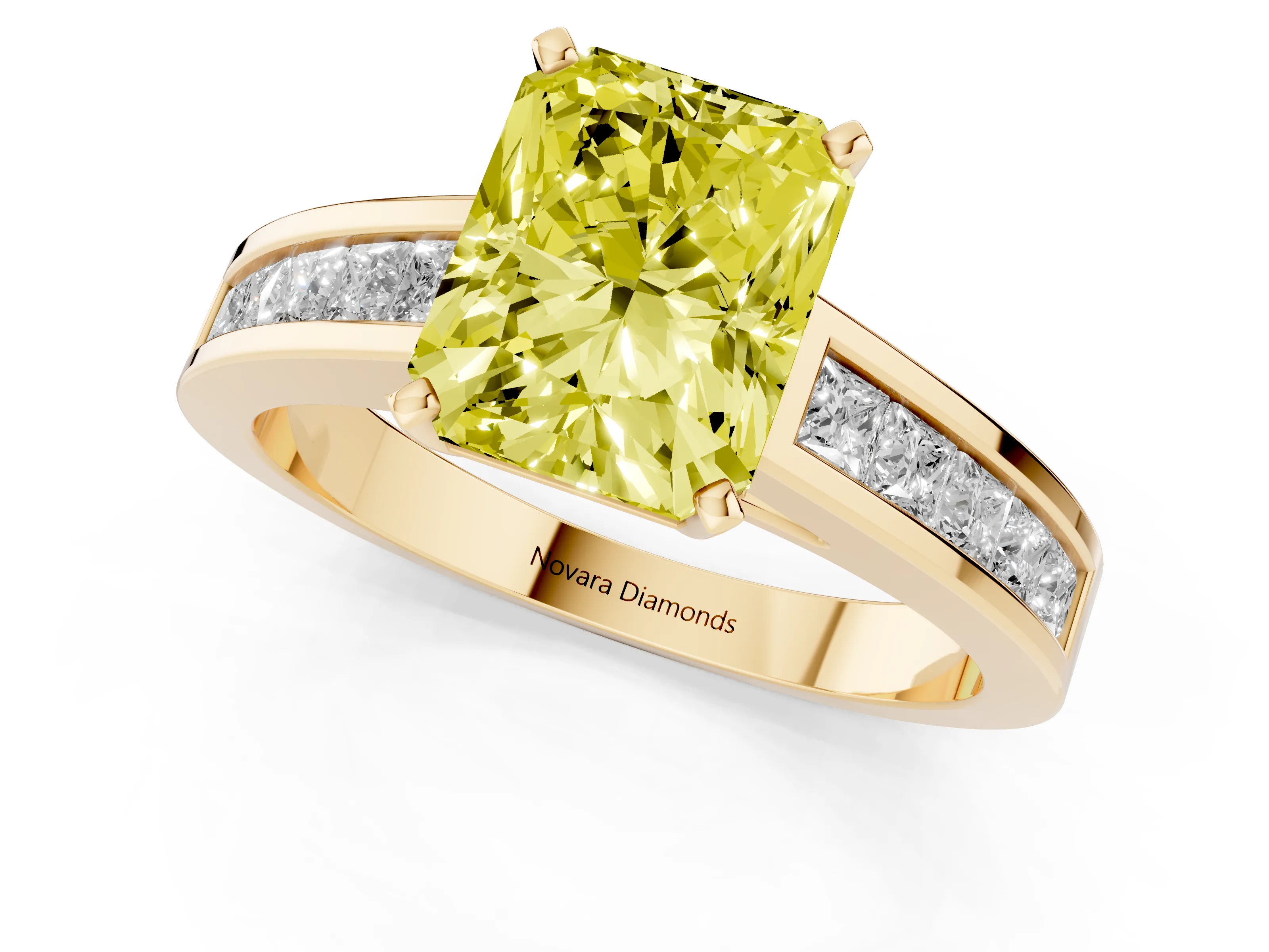 Fancy Yellow Radiant Cut Diamond Solitaire Ring Set in Yellow gold with Channel-Set Band and Prong Setting