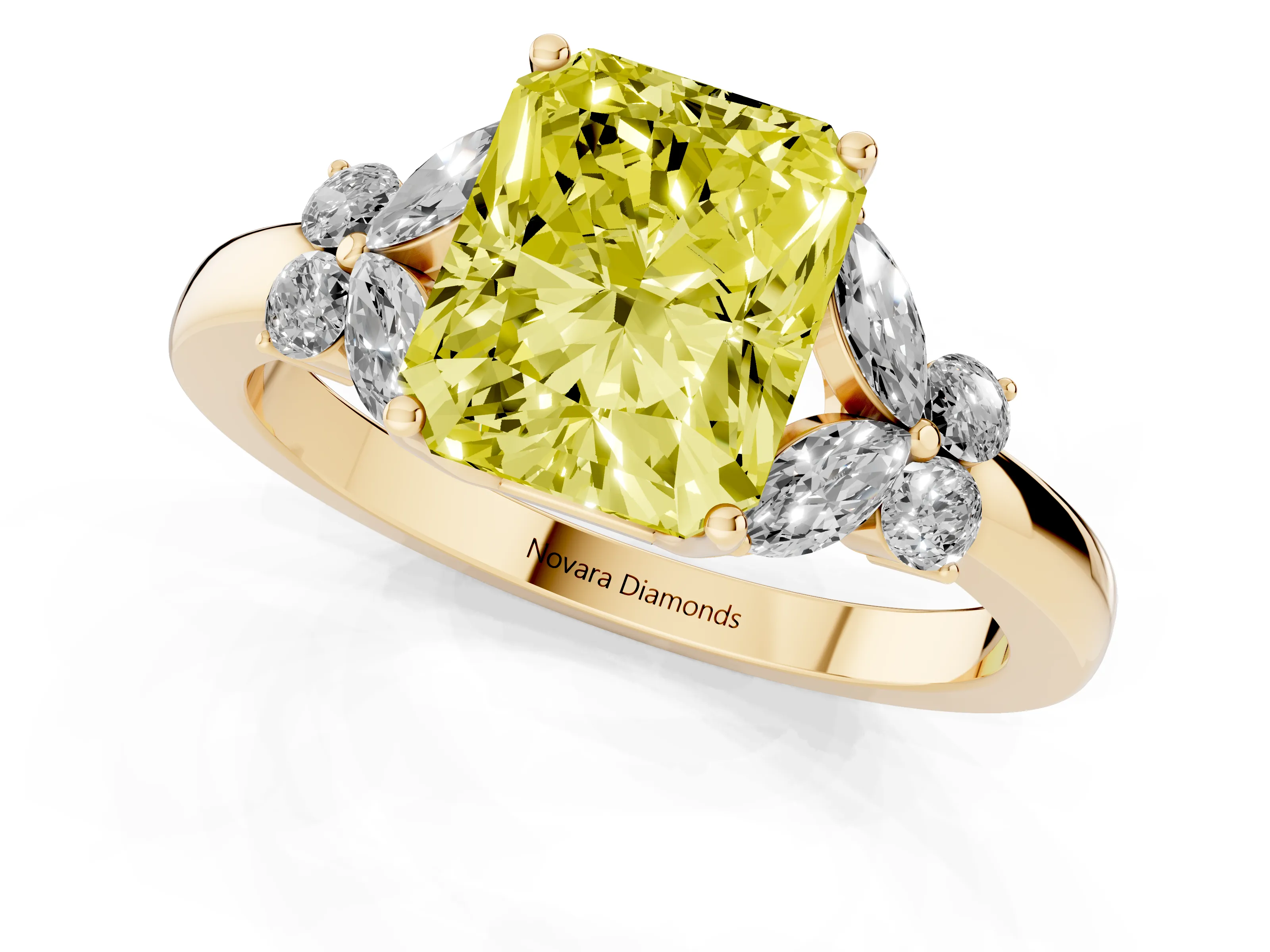 Fancy Yellow Radiant Cut Diamond Solitaire Floral Ring Set in Yellow gold with Marquise Petals and Prong Setting