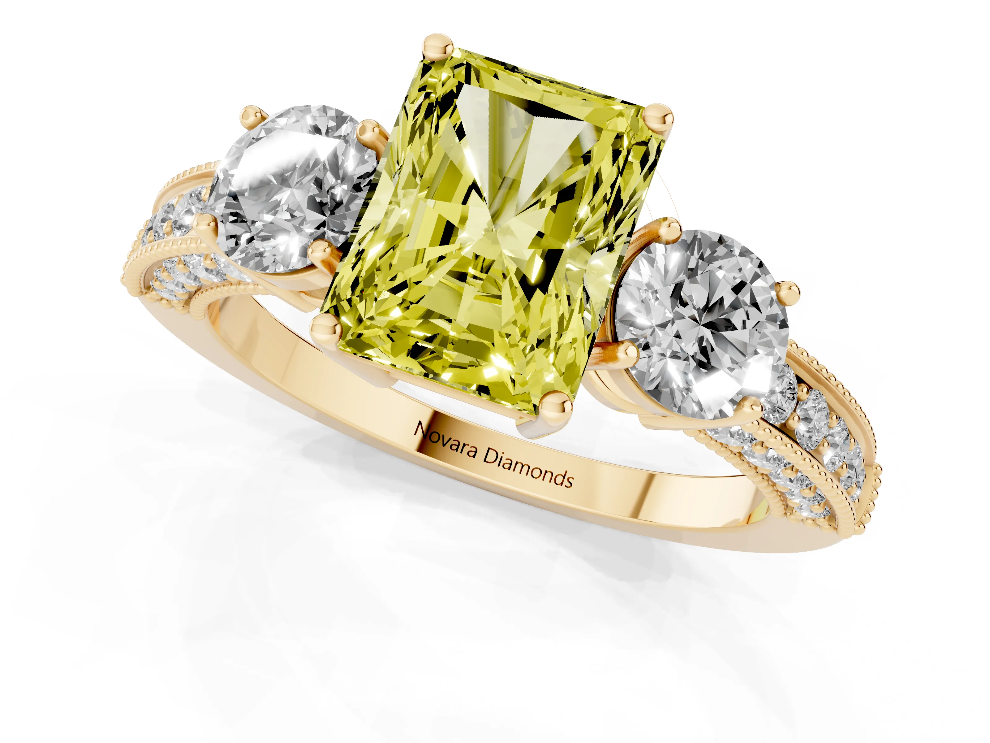 Fancy Yellow Radiant Cut Diamond Three-Stone Ring Set in Yellow gold with Round Side Stones and Pavé Band