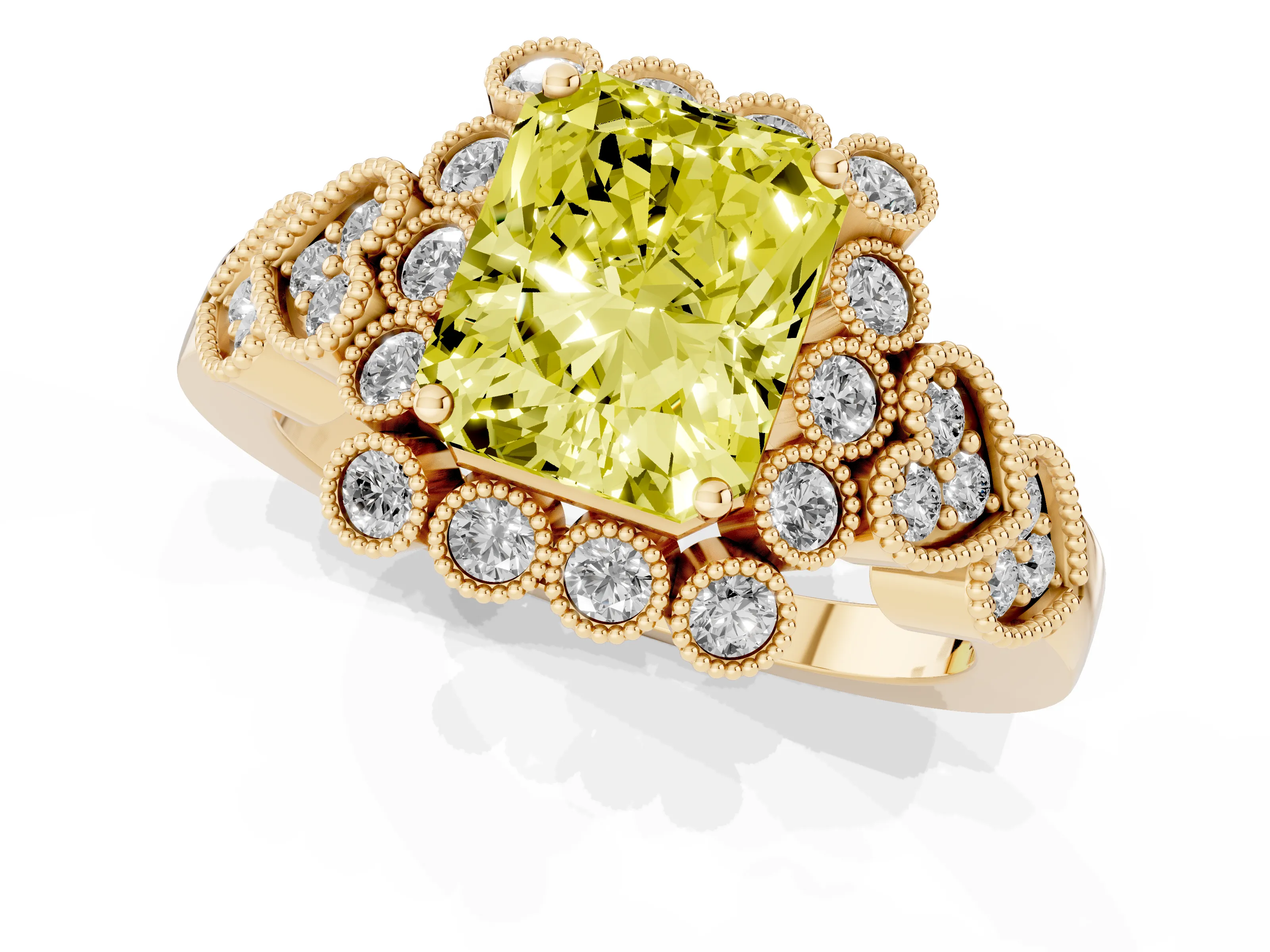 Fancy Yellow Radiant Cut Diamond Solitaire Ring Set in Yellow gold with Milgrain Pavé Heart Band