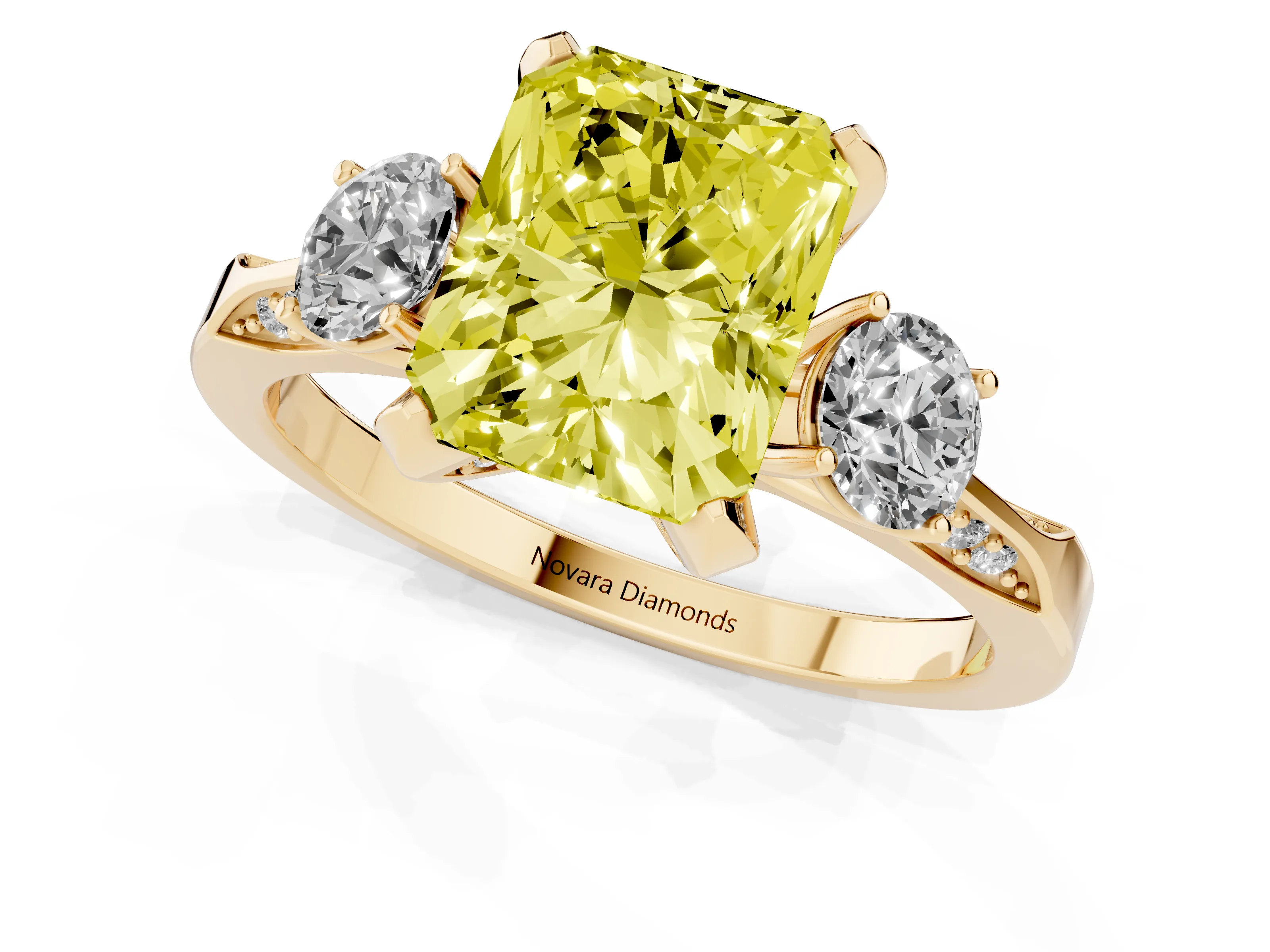 Fancy Yellow Radiant Cut Diamond Three-Stone Ring Set in Yellow gold with Pavé Band and Smaller Side Stones