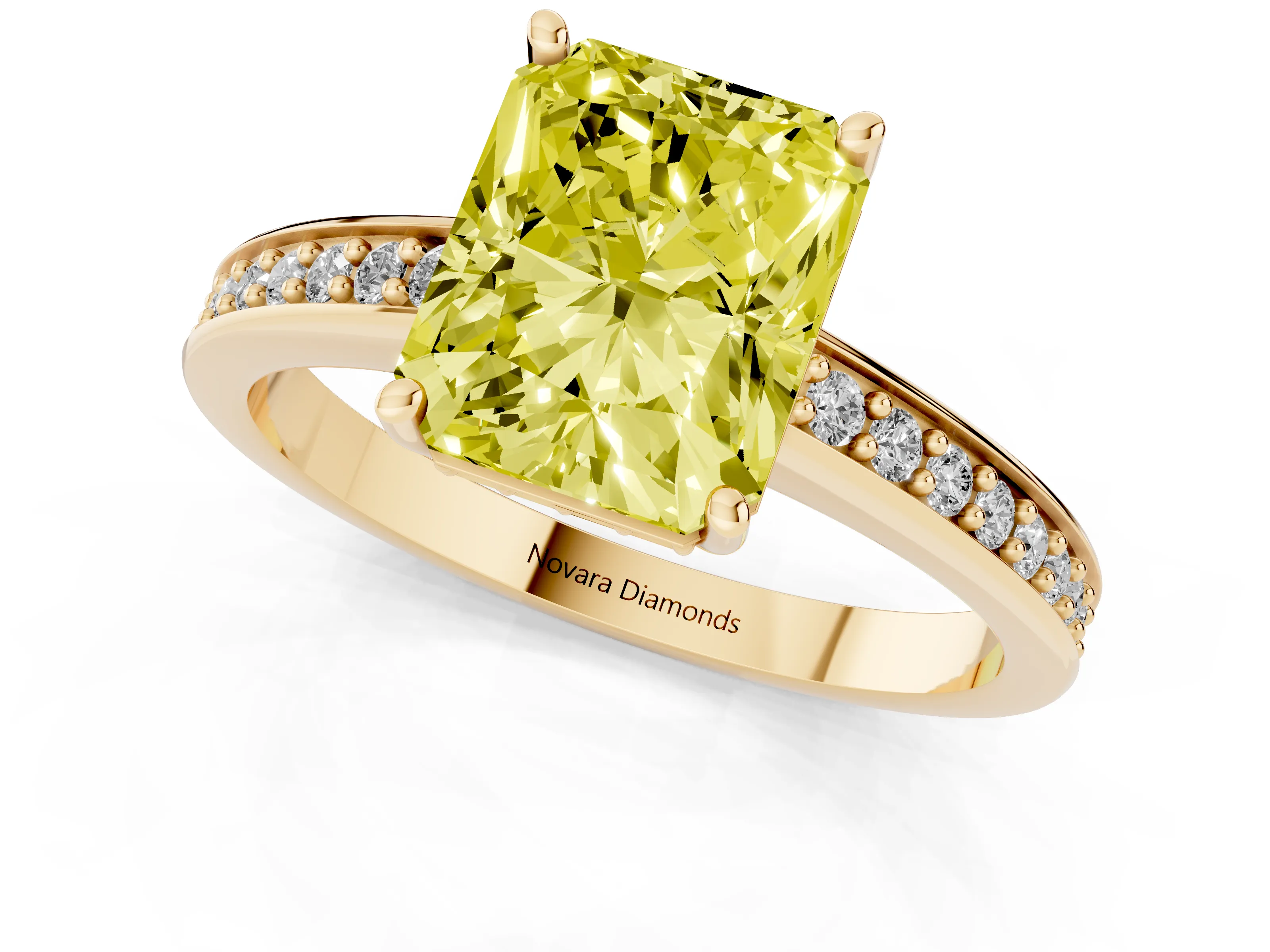 Fancy Yellow Radiant Cut Diamond Pavé Band Prong Set Solitaire Ring Set in Yellow gold