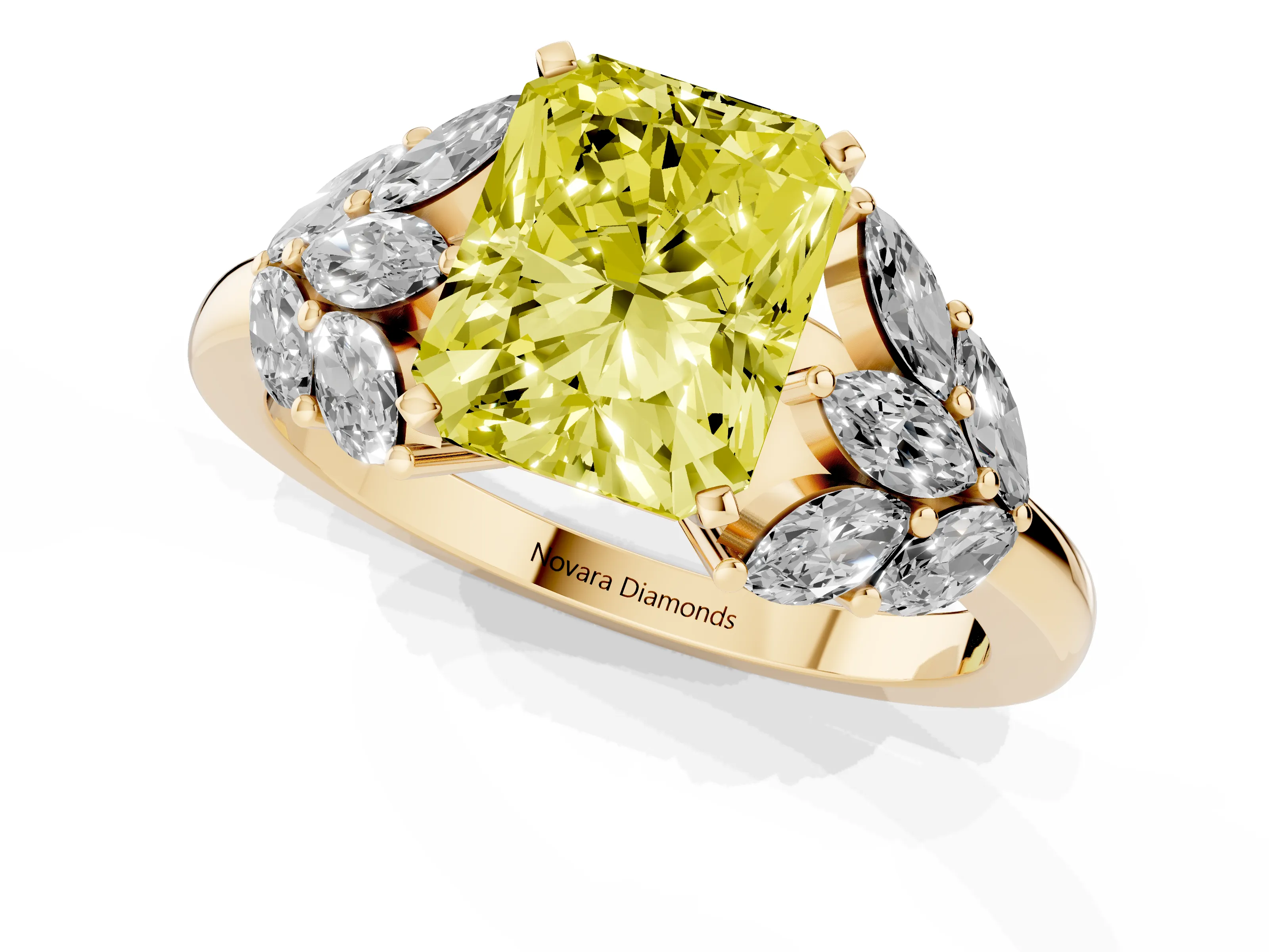 Fancy Yellow Radiant Cut Diamond Cluster Leaf Design Ring Set in Yellow gold with Prong Setting