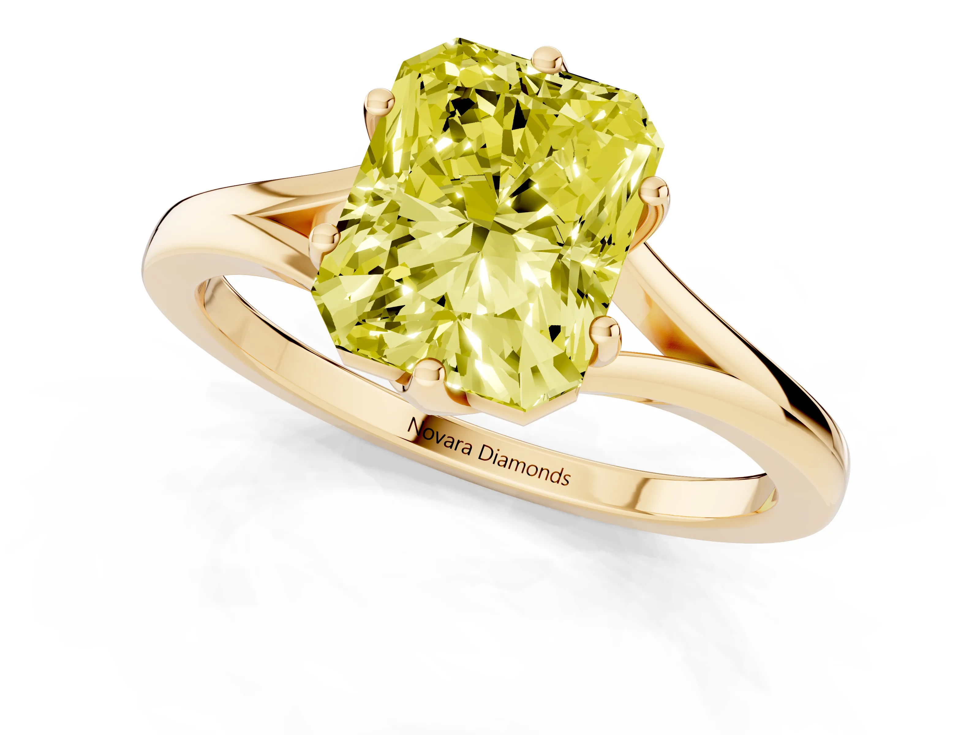 Fancy Yellow Radiant Cut Diamond Solitaire Ring Set in Yellow gold with Polished Tapered Band and Prong Setting