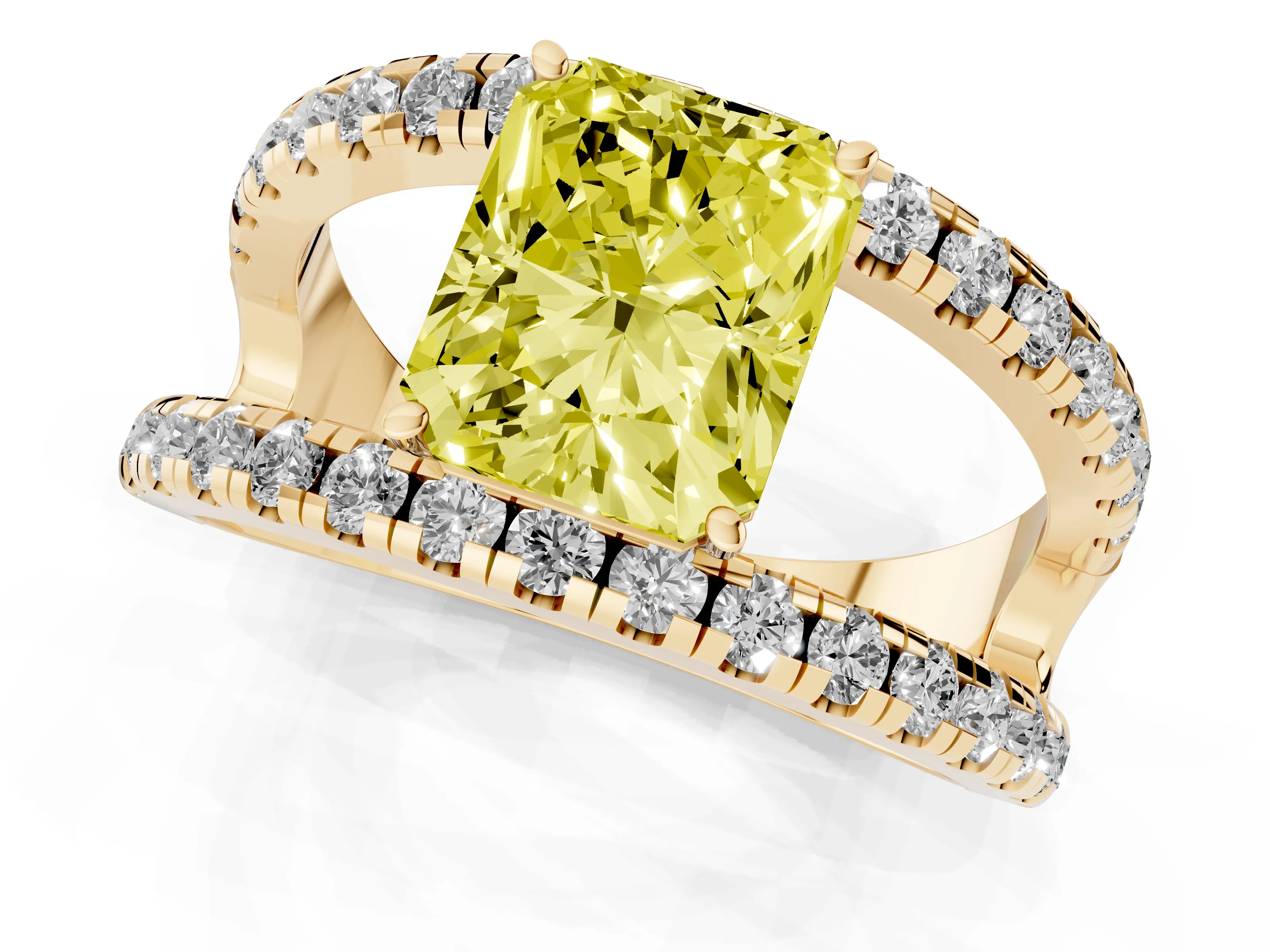 Fancy Yellow Radiant Cut Diamond Split Shank Pavé Solitaire Ring Set in Yellow gold with Open Shank Design