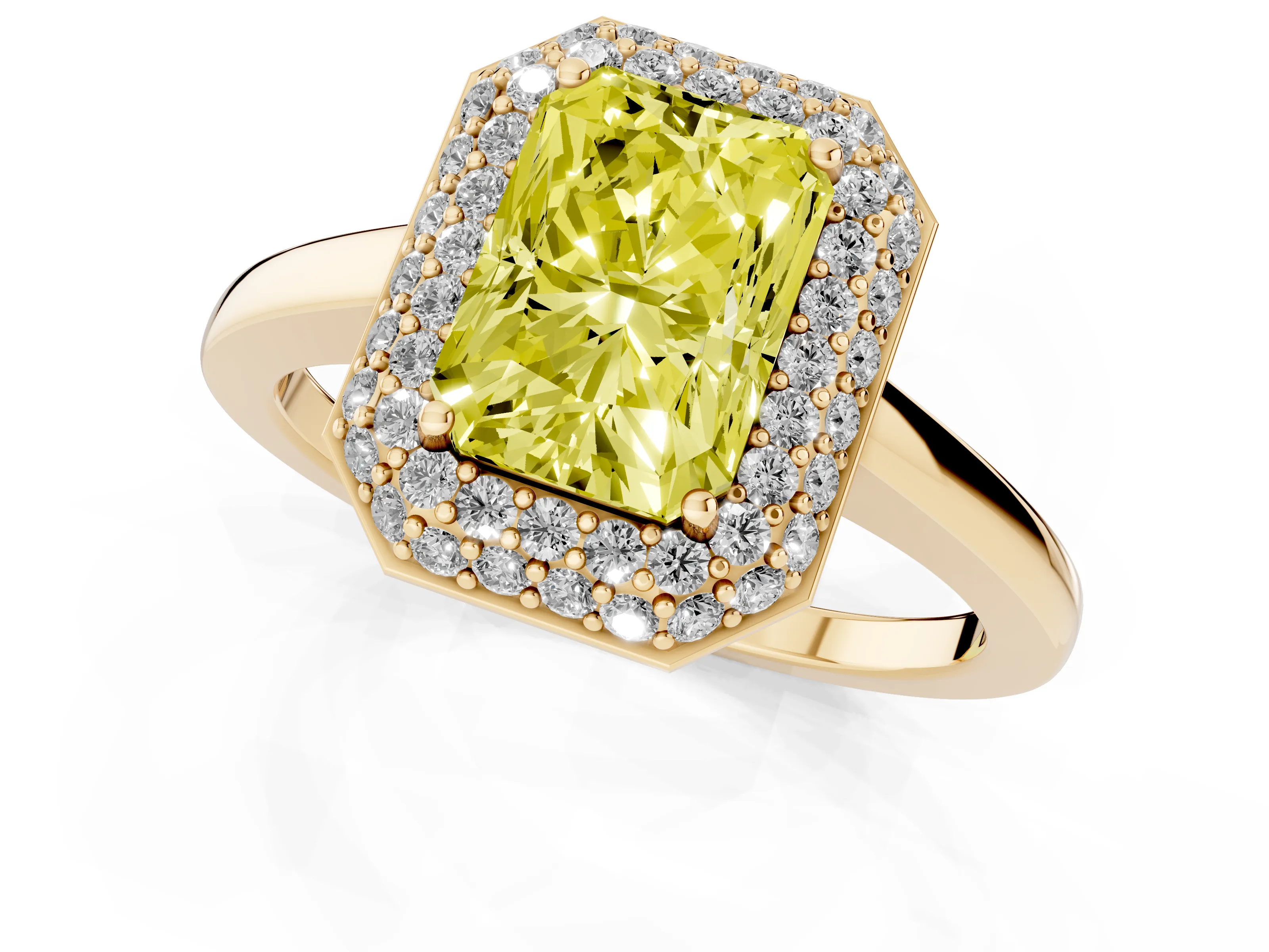 Fancy Yellow Radiant Cut Diamond Halo Engagement Ring Set in Yellow gold with Solitaire Band and Prong Setting