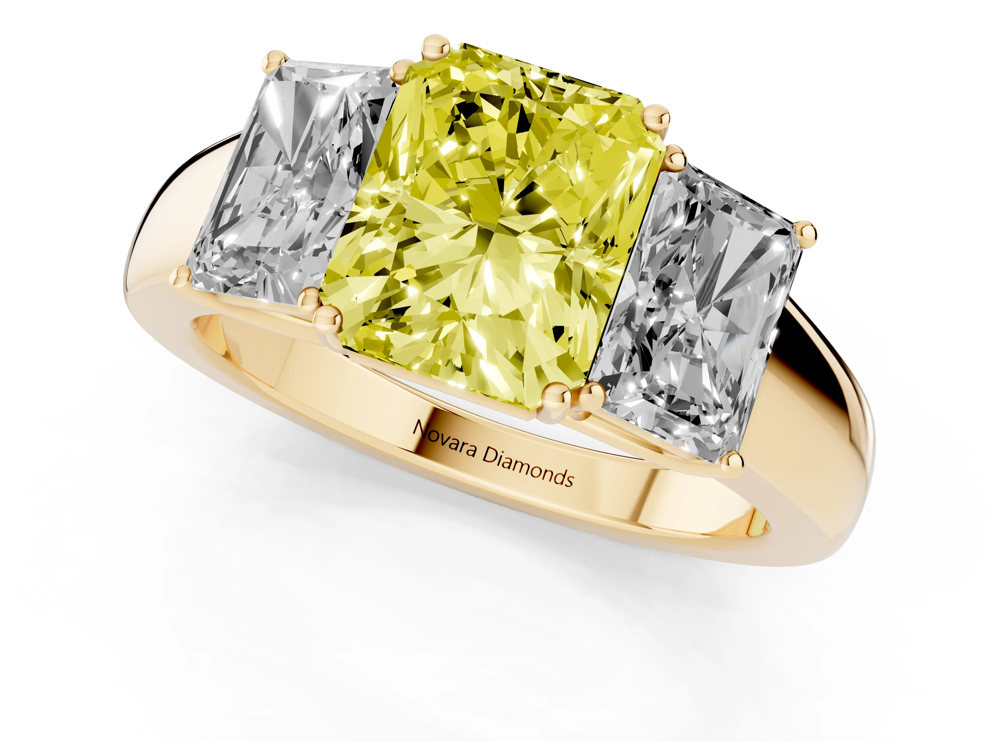 Fancy Yellow Three-Stone Radiant Cut Diamond Ring Set in Yellow gold with Matching Prong Settings and Plain Band
