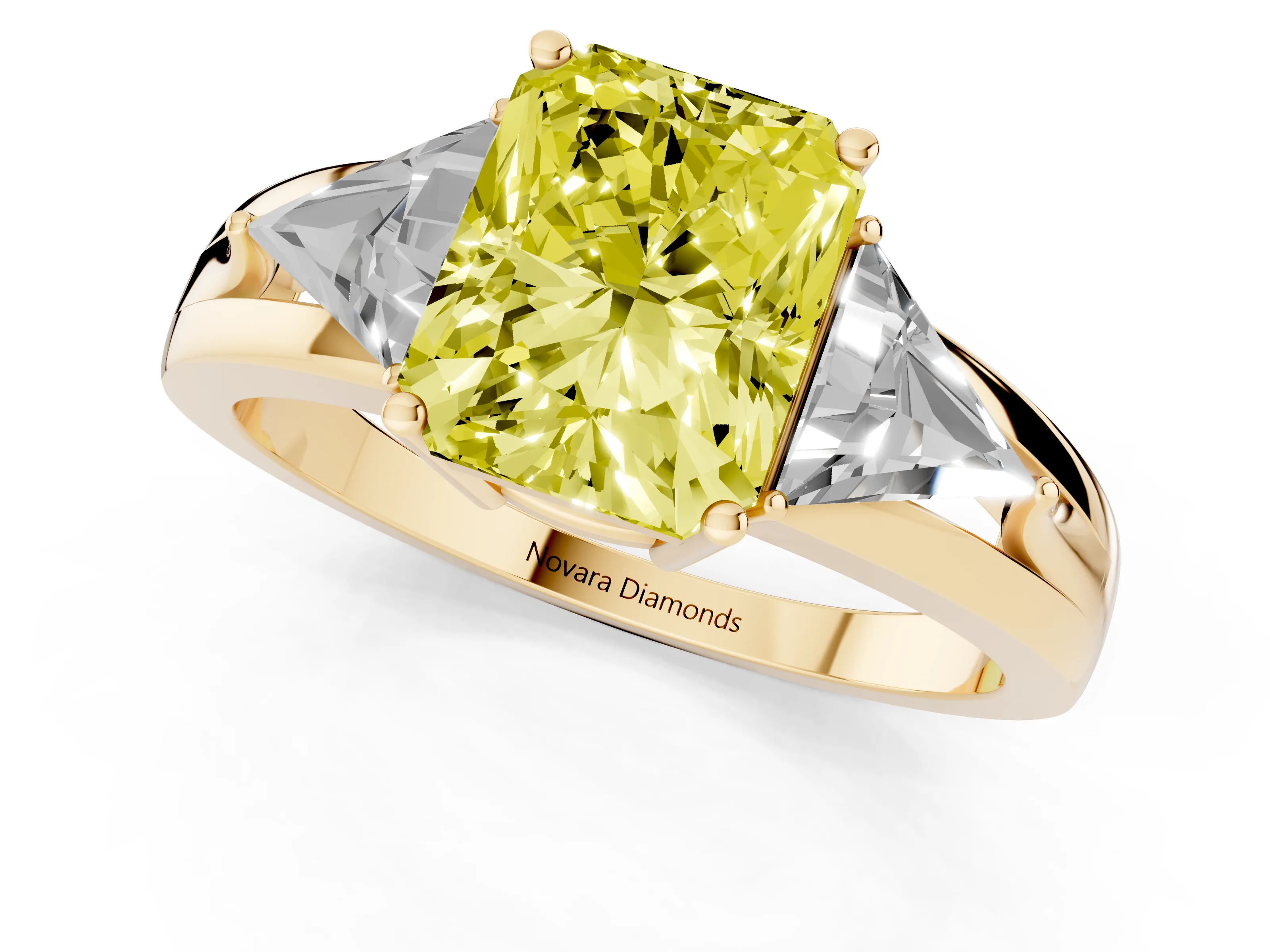 Fancy Yellow Radiant Cut Diamond Three-Stone Ring Set in Yellow gold with Trillion Side Stones and Split Shank