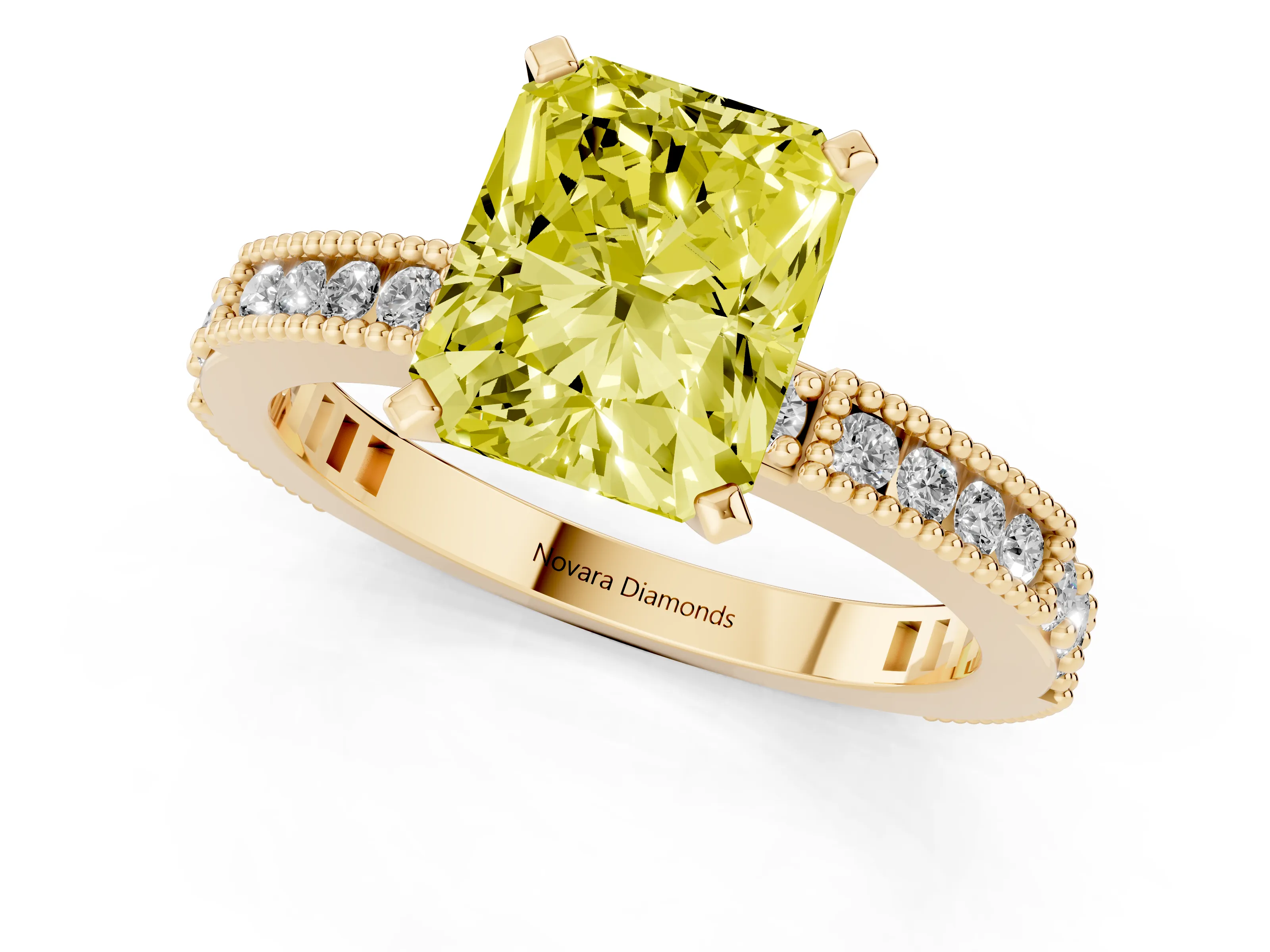 Fancy Yellow Radiant Cut Diamond Solitaire Ring Set in Yellow gold with Slim Pavé Band and Prong Setting