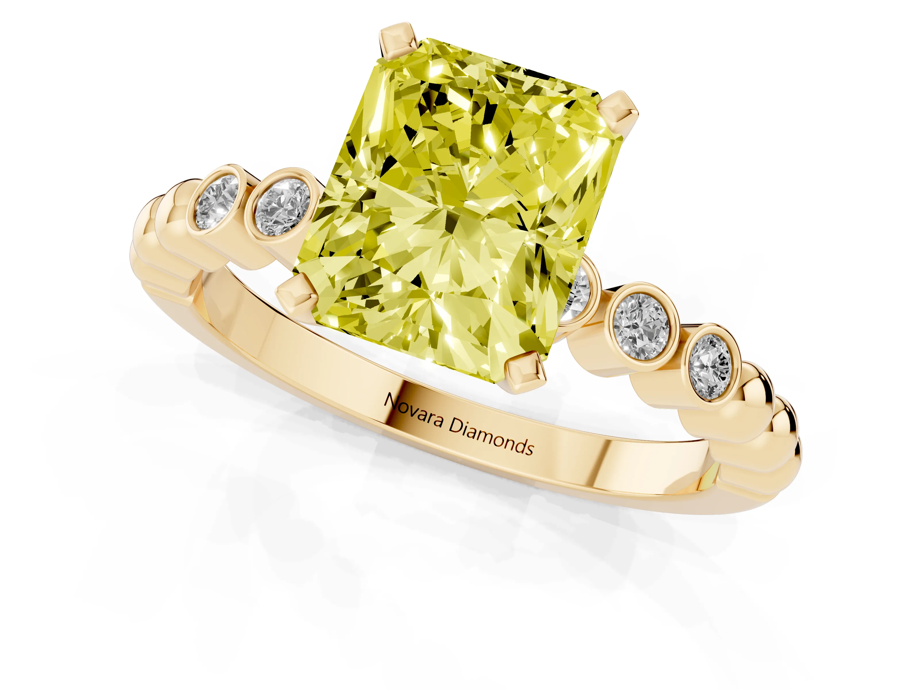 Fancy Yellow Radiant Cut Diamond Solitaire Engagement Ring Set in Yellow gold with Bezel Accents on Beaded Band