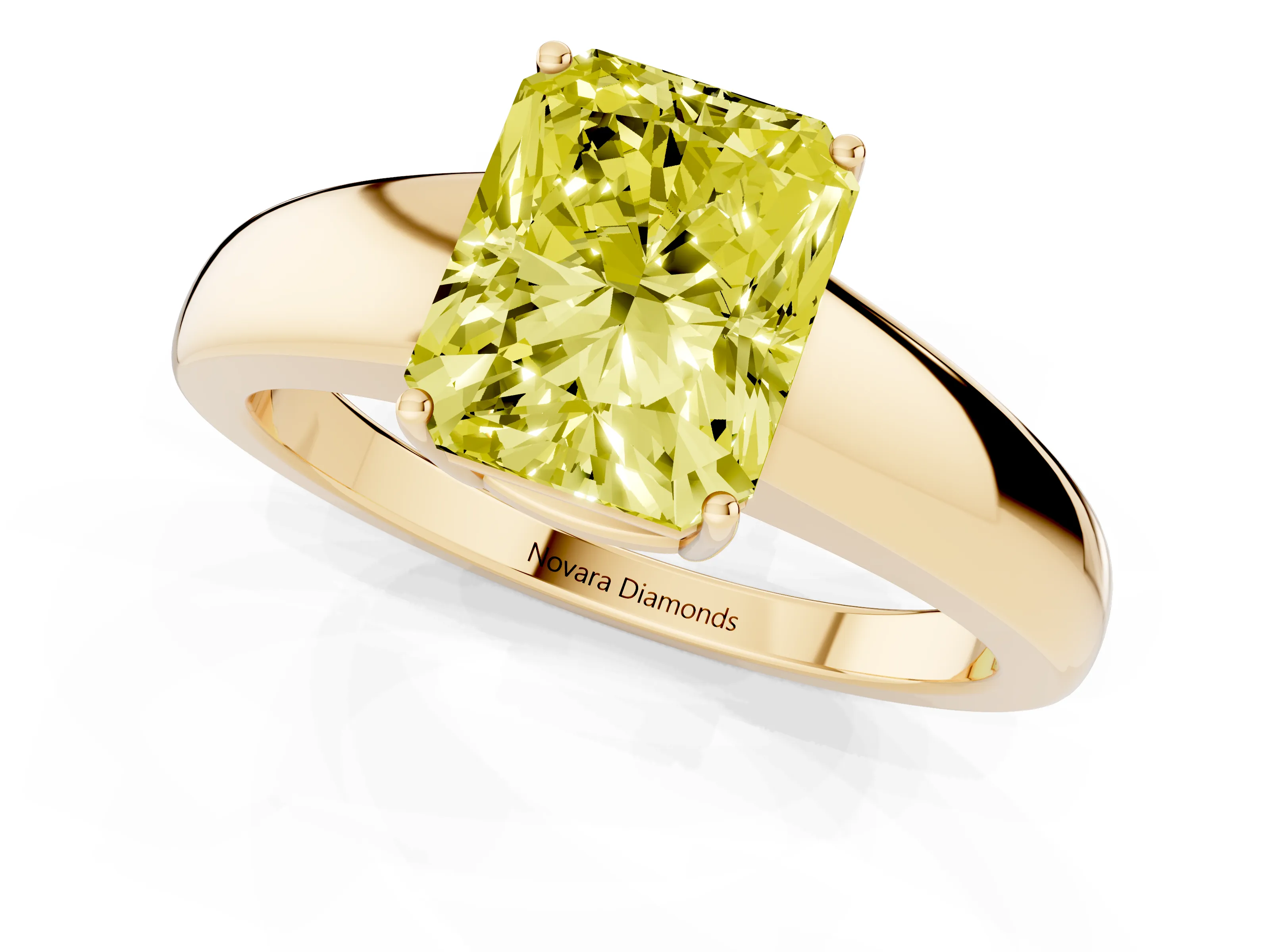 Fancy Yellow Radiant Cut Diamond Solitaire Ring Set in Yellow gold with Tapered Band and Prong Setting