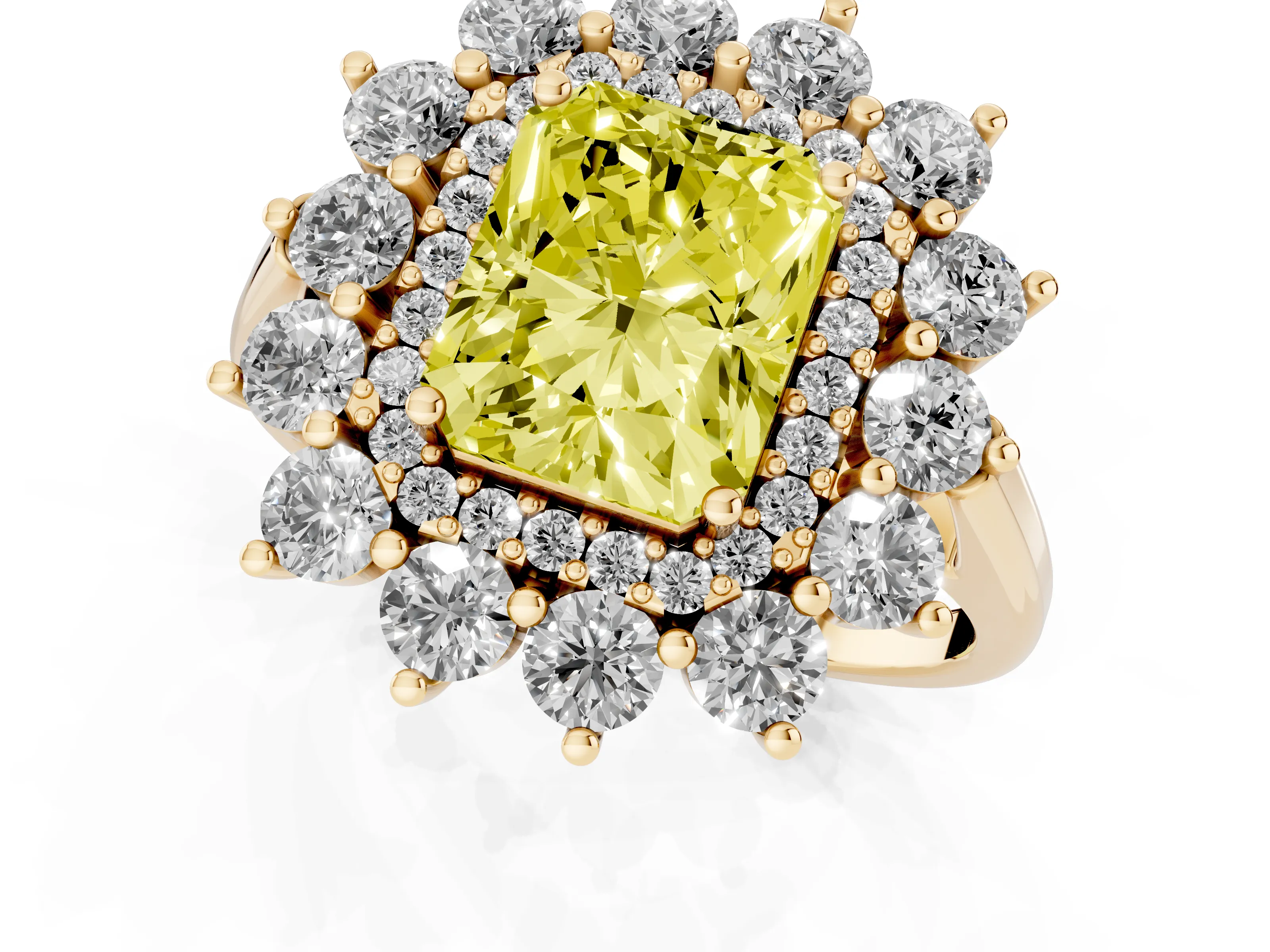 Fancy Yellow Radiant Cut Diamond Floral Double Halo Ring Set in Yellow gold with Round Petals