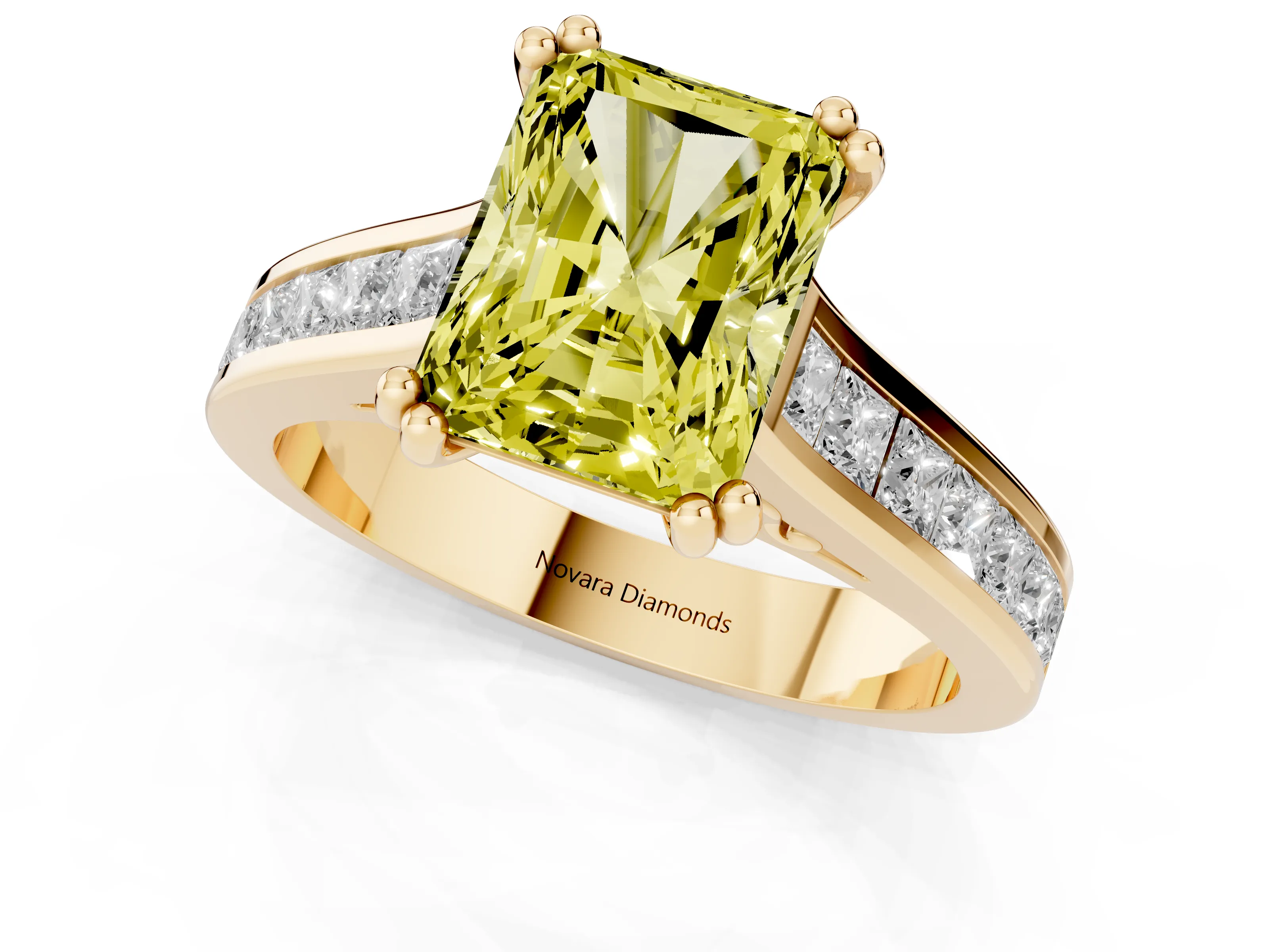 Fancy Yellow Radiant Cut Diamond Channel Set Solitaire Engagement Ring Set in Yellow gold with Prong Setting – second view