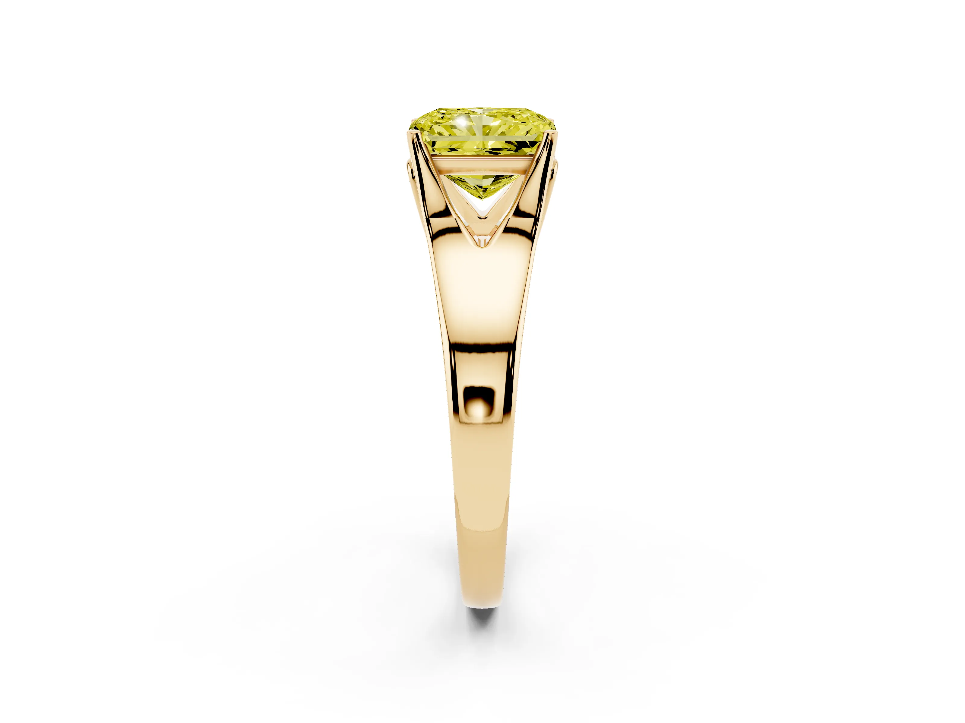 Fancy Yellow Radiant Cut Diamond Solitaire Ring Set in Yellow gold with Arched Cathedral Band and Prong Setting