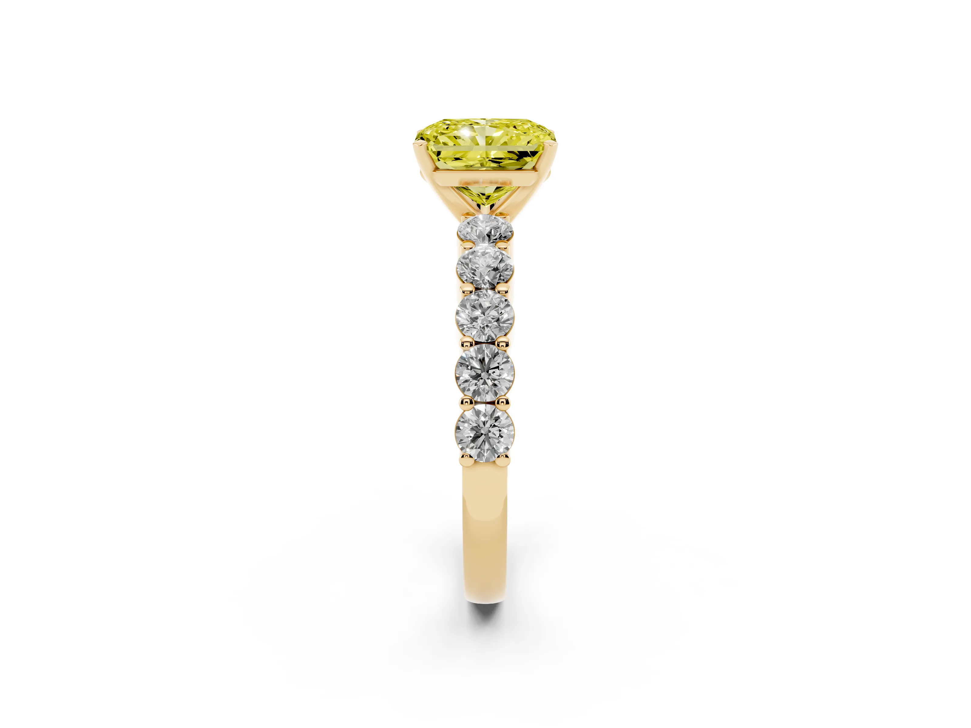 Fancy Yellow Radiant Cut Diamond Solitaire Ring Set in Yellow gold with Shared Prong Round Side Stones