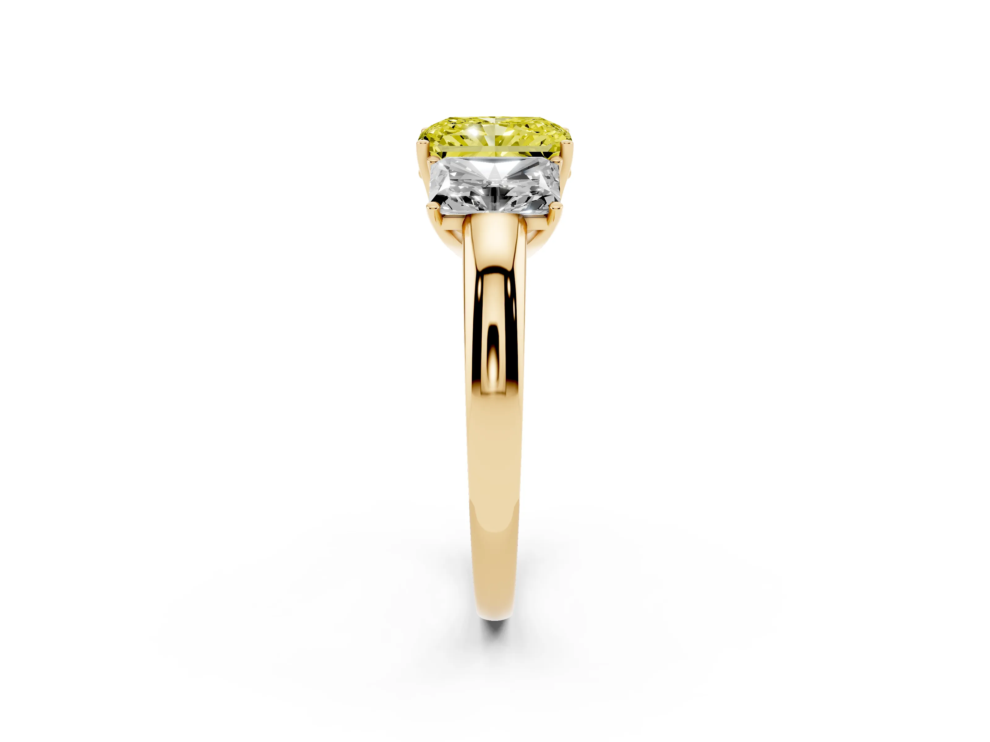 Fancy Yellow Radiant Cut Diamond Three-Stone Ring Set in Yellow gold with Bold Center and Classic Band
