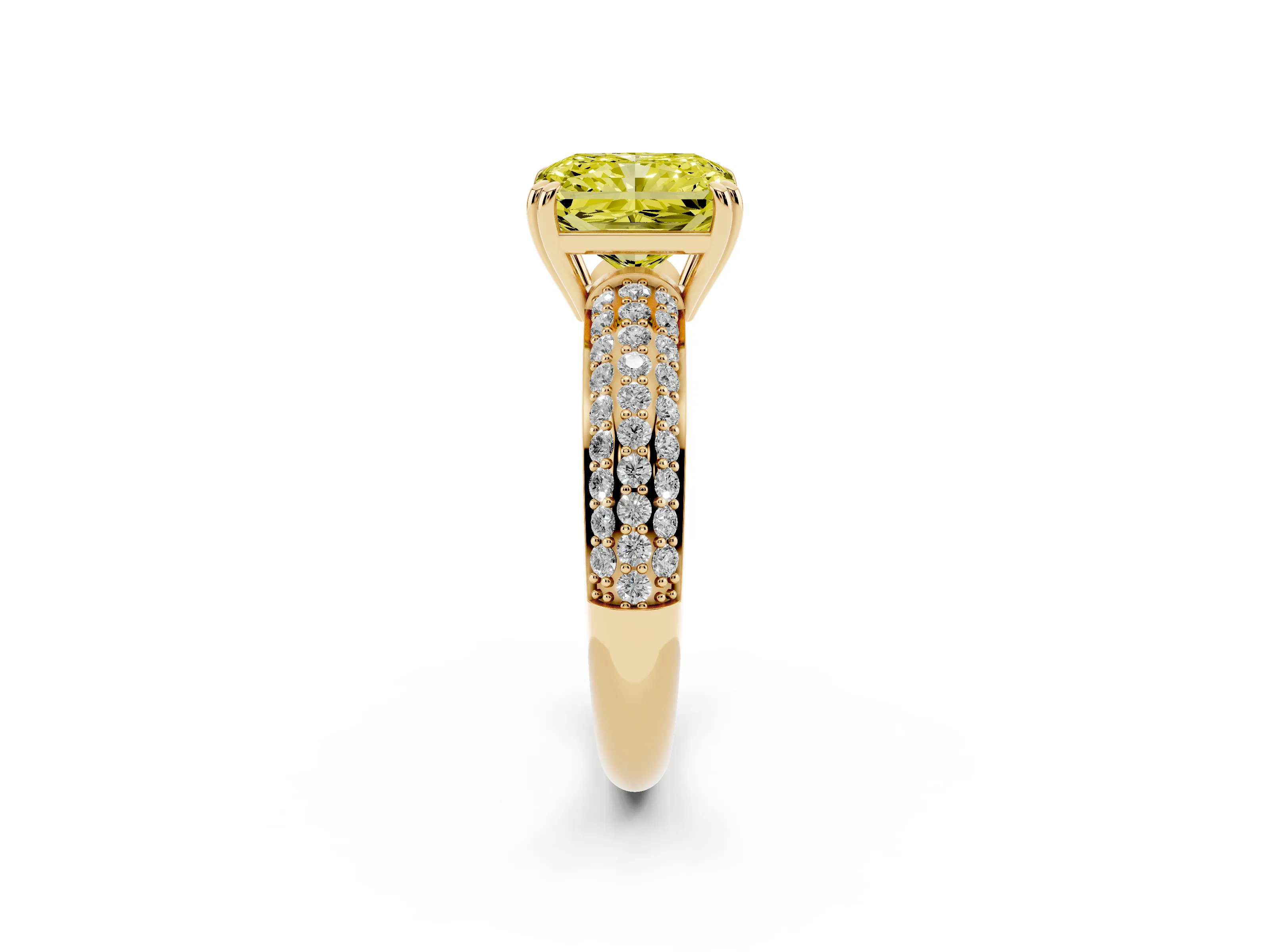 Fancy Yellow Radiant Cut Diamond Solitaire Ring Set in Yellow gold with Multi-Row Round Pavé Band and Prong Setting