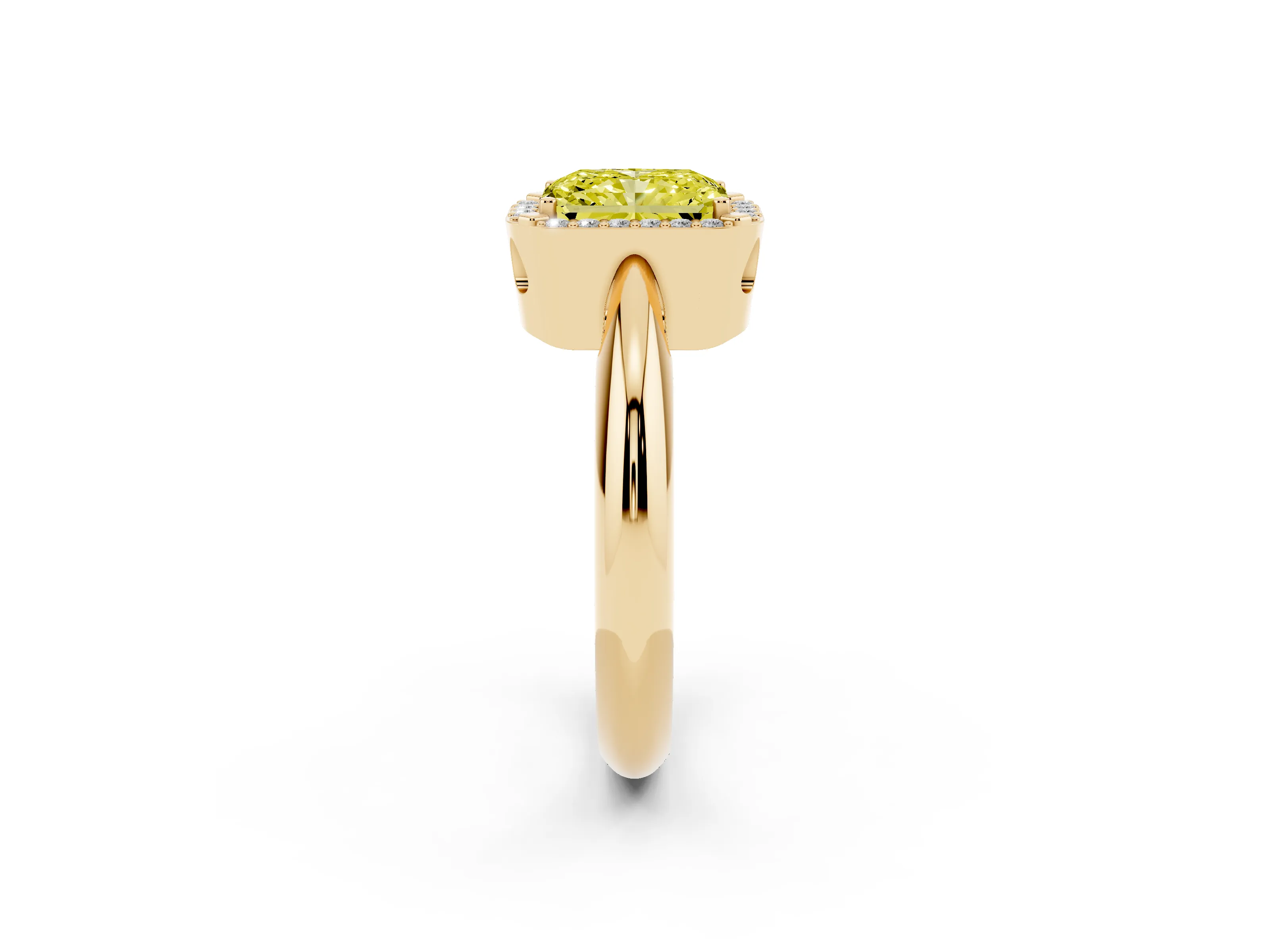 Fancy Yellow Radiant Cut Diamond Halo Engagement Ring Set in Yellow gold with Plain Split Shank and Prong Setting