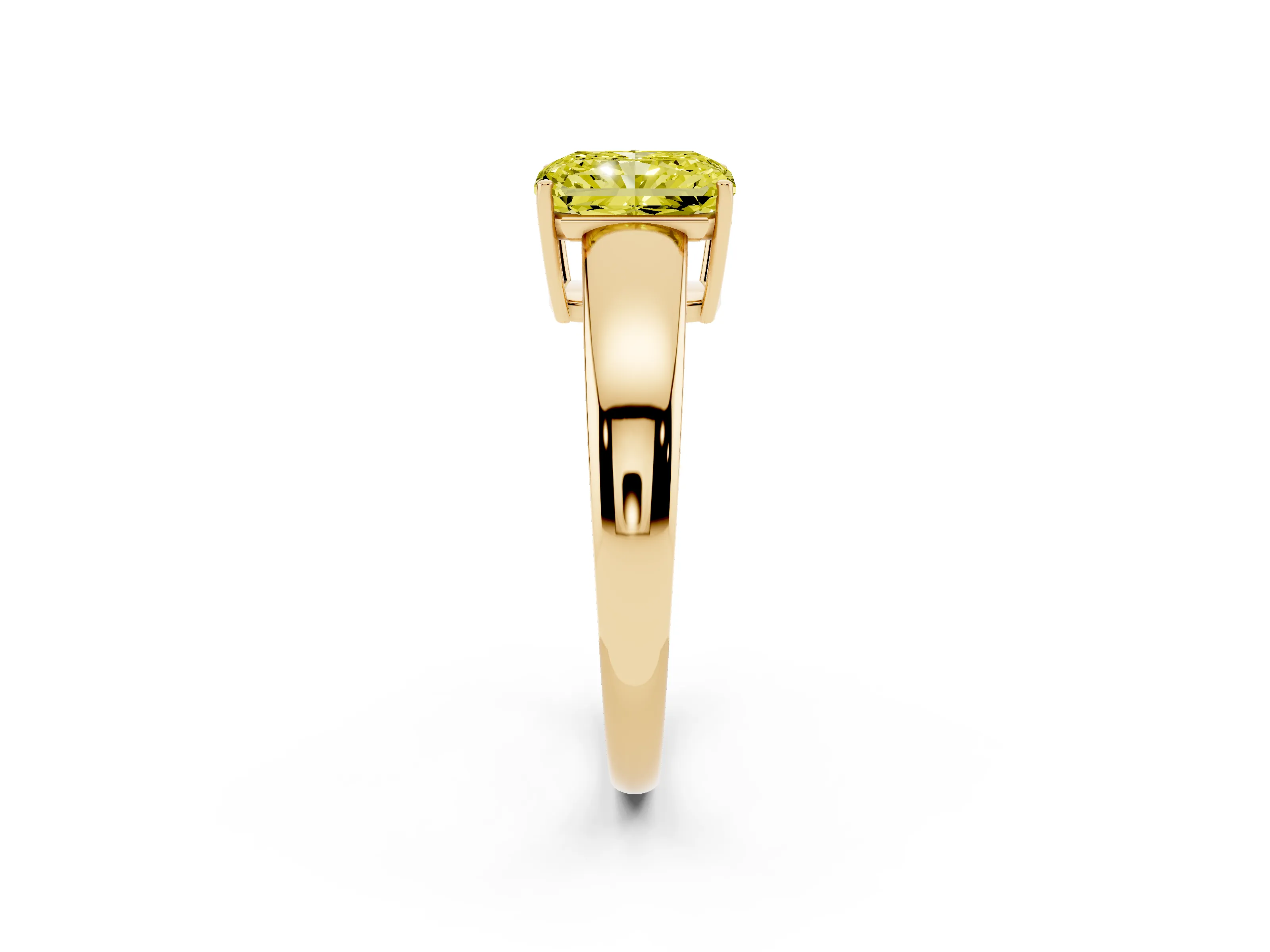 Fancy Yellow Radiant Cut Diamond Solitaire Ring Set in Yellow gold with Tapered Band and Prong Setting