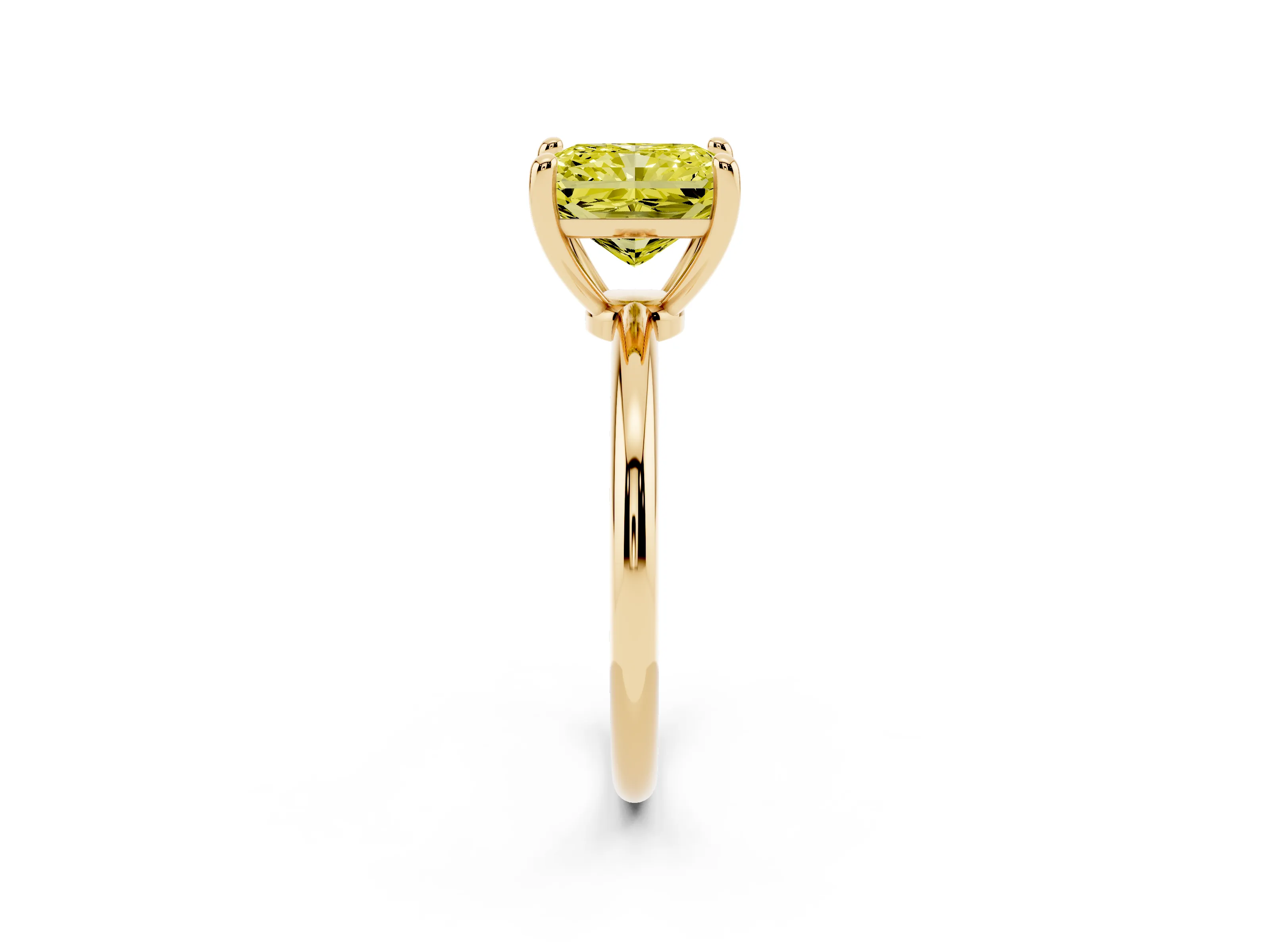 Fancy Yellow Radiant Cut Diamond Solitaire Ring Set in Yellow gold with Secure Prong Setting on a Classic Band