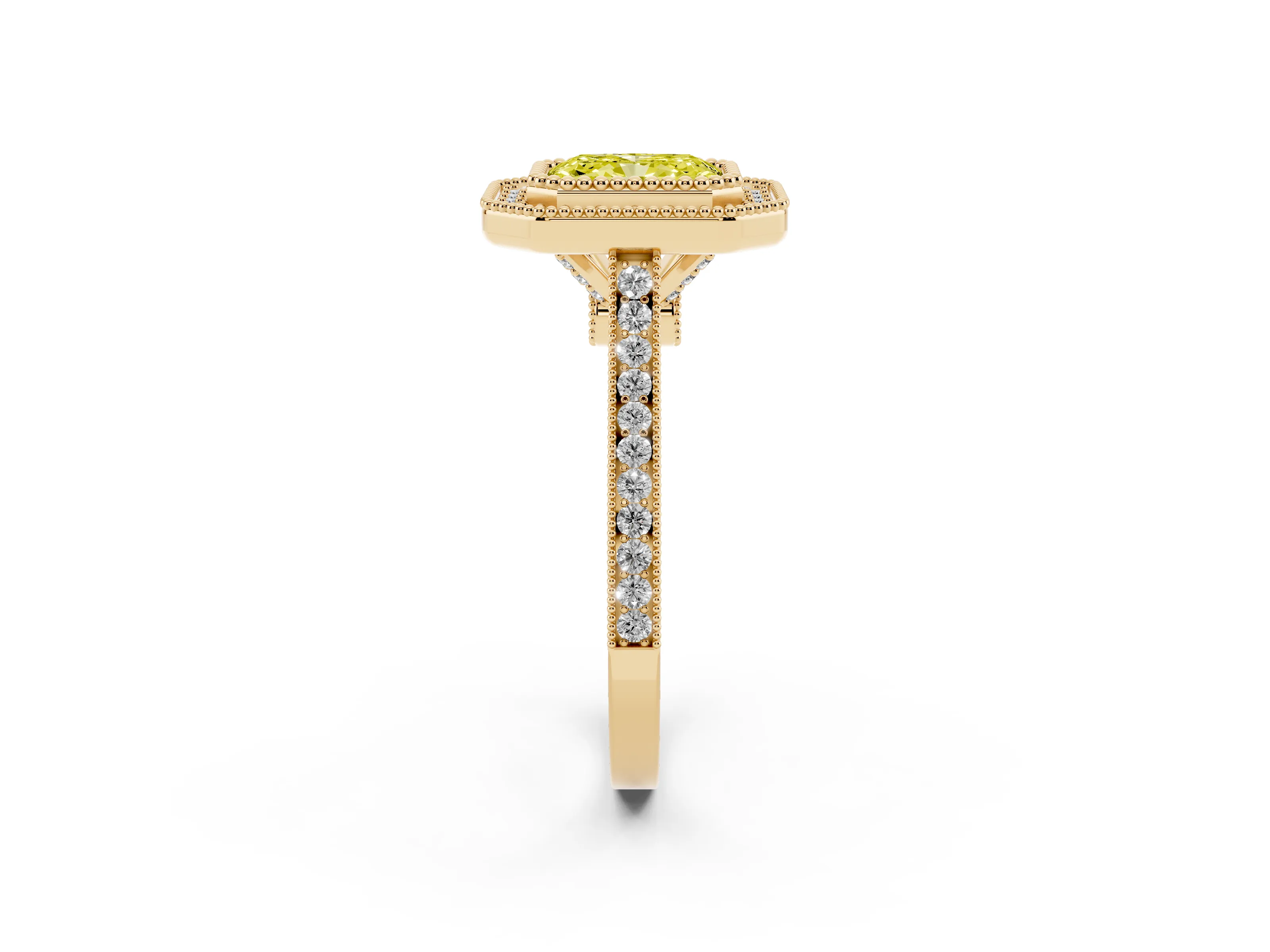 Fancy Yellow Radiant Cut Diamond Halo Ring Set in Yellow gold with Milgrain Frame and Pavé Band