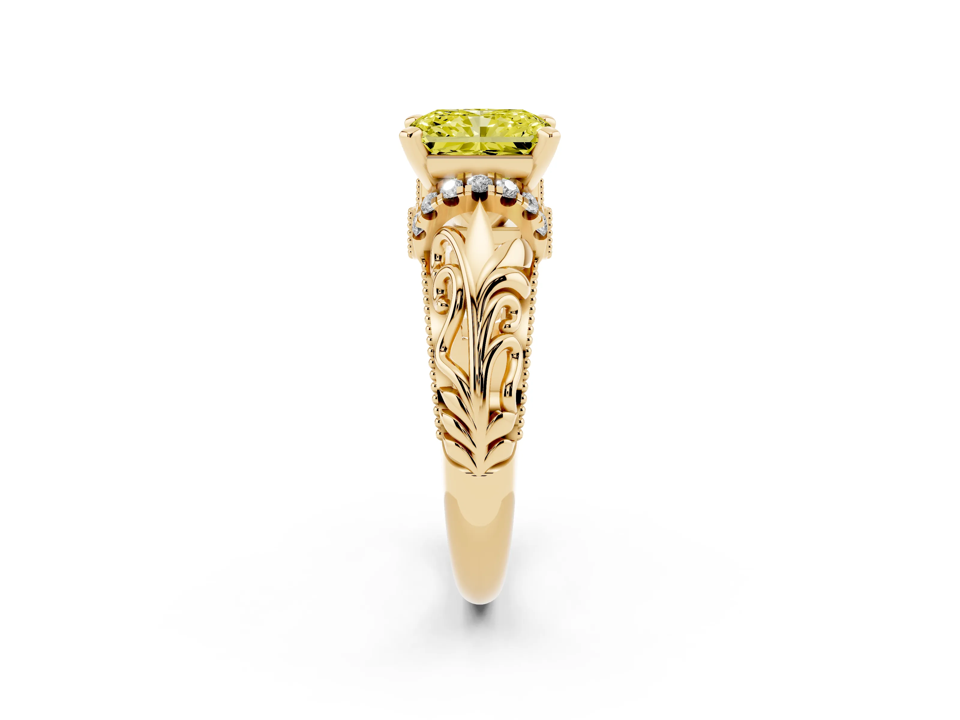 Fancy Yellow Radiant Cut Diamond Filigree Halo Engagement Ring Set in Yellow gold with Prong Setting