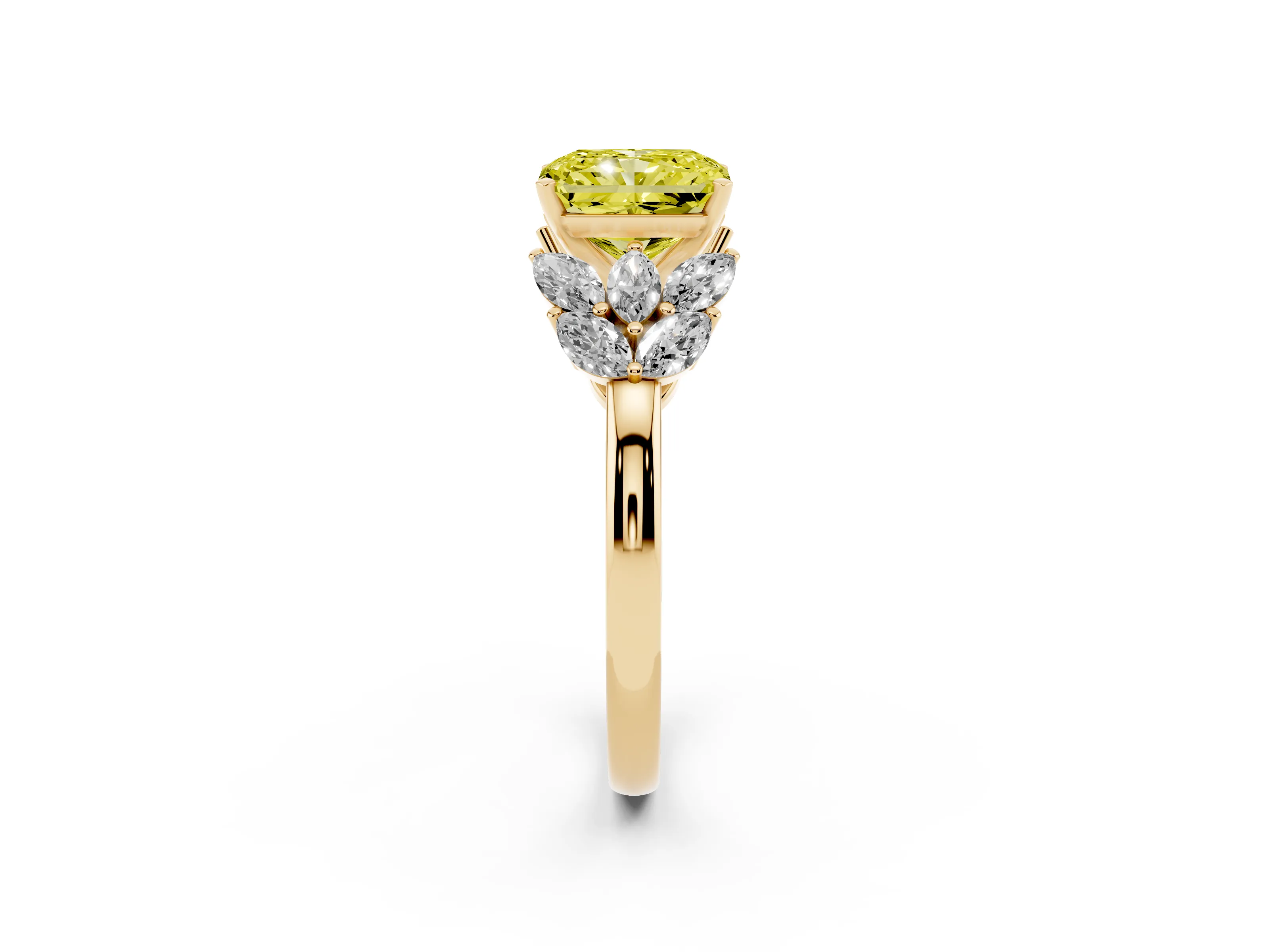 Fancy Yellow Radiant Cut Diamond Cluster Leaf Design Ring Set in Yellow gold with Prong Setting