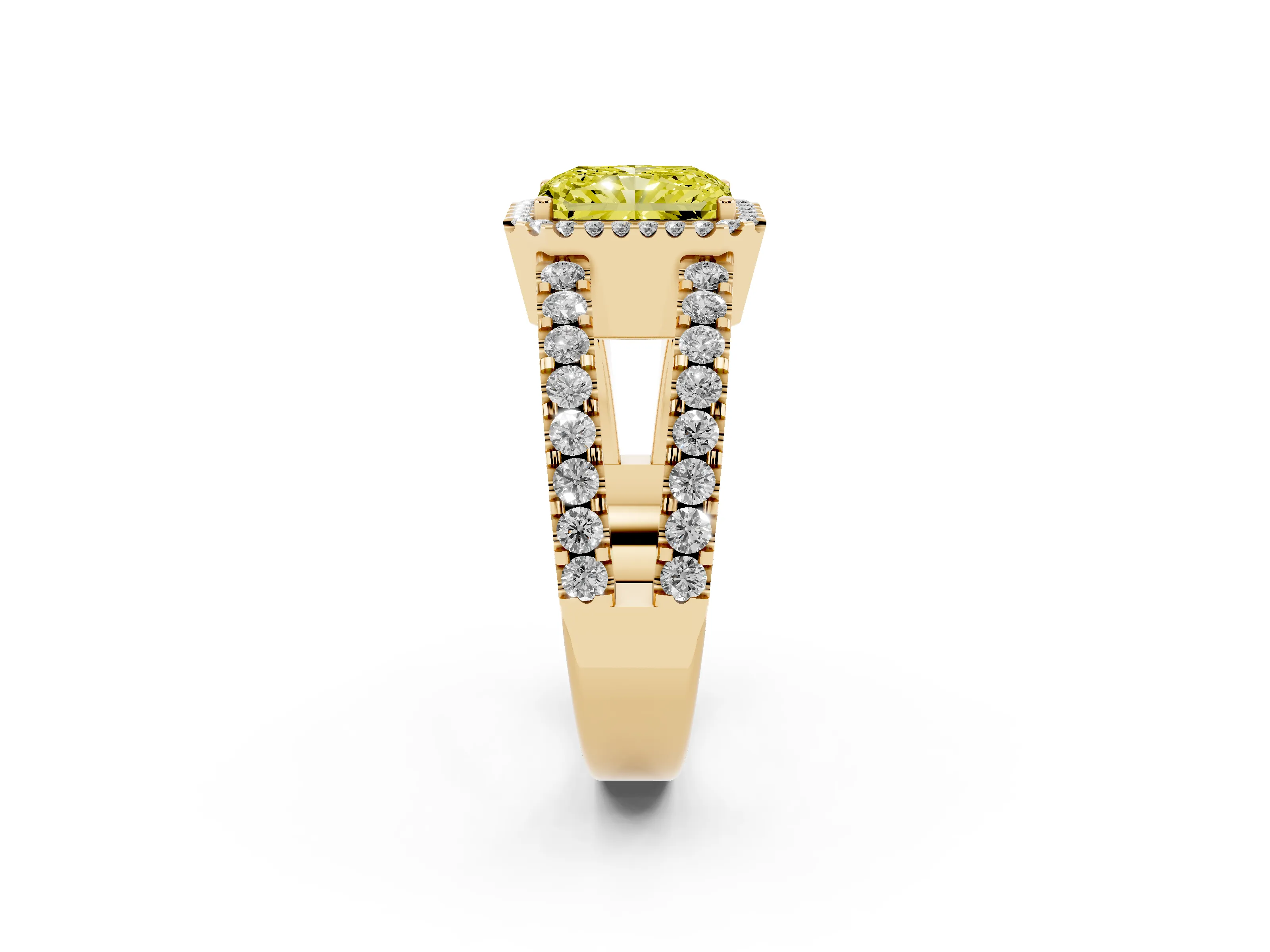 Fancy Yellow Radiant Cut Diamond Halo Ring Set in Yellow gold with Pavé Split Shank and Prong Setting