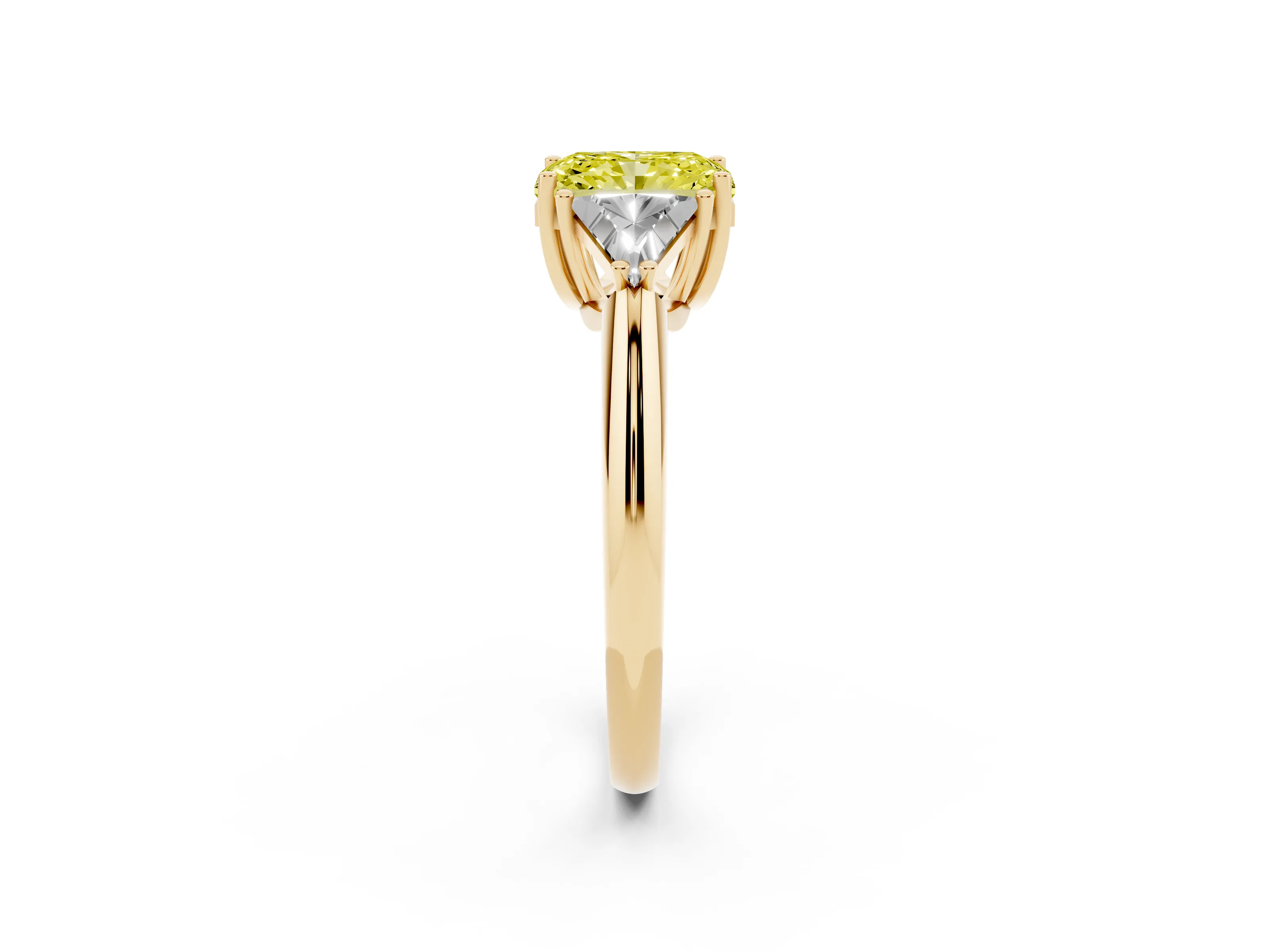 Fancy Yellow Radiant Cut Diamond Three-Stone Engagement Ring Set in Yellow gold with Trillion Side Stones
