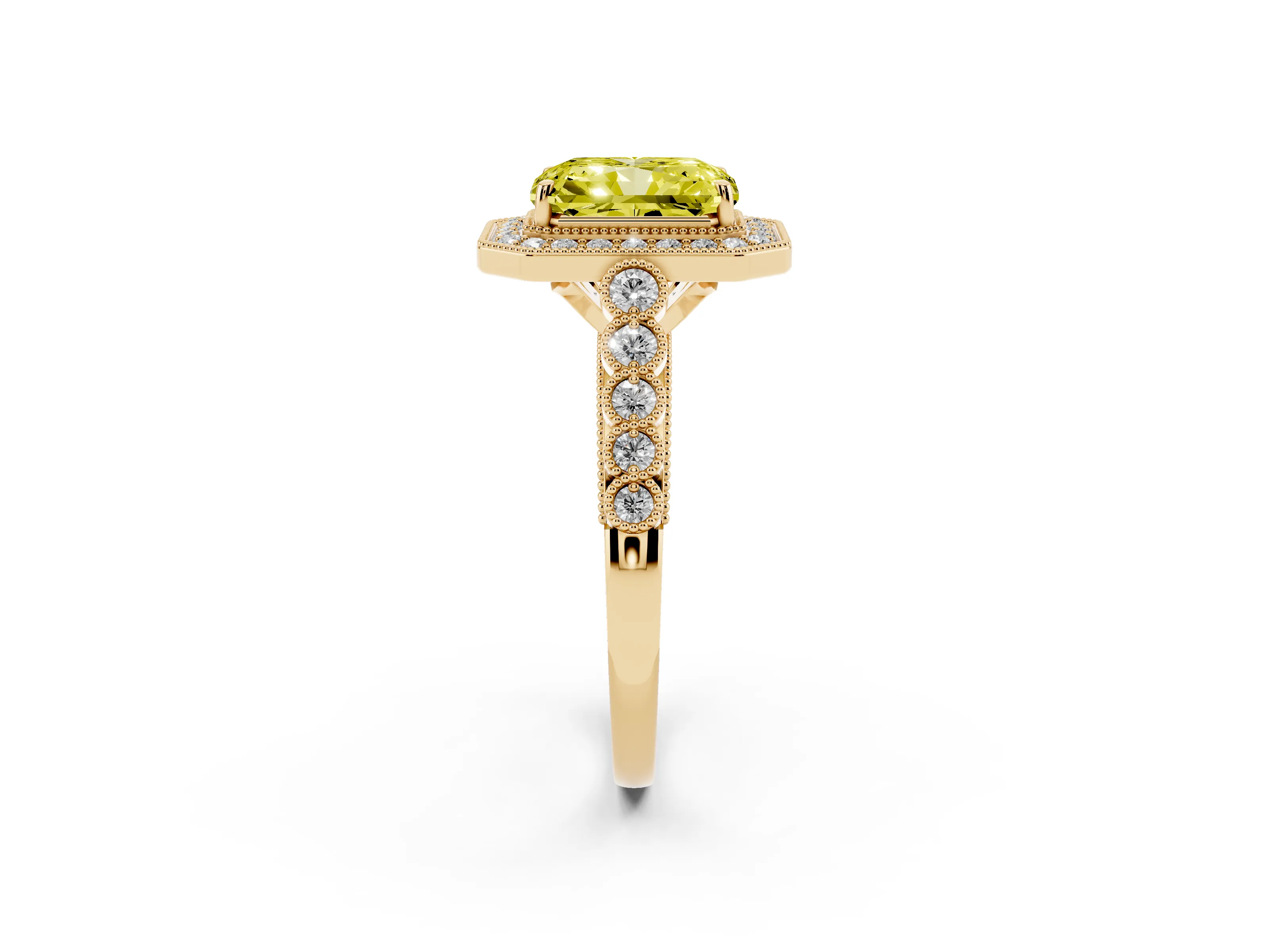 Fancy Yellow Radiant Cut Diamond Milgrain Halo Solitaire Ring Set in Yellow gold with Bezel Set Side Stones and Pavé Band