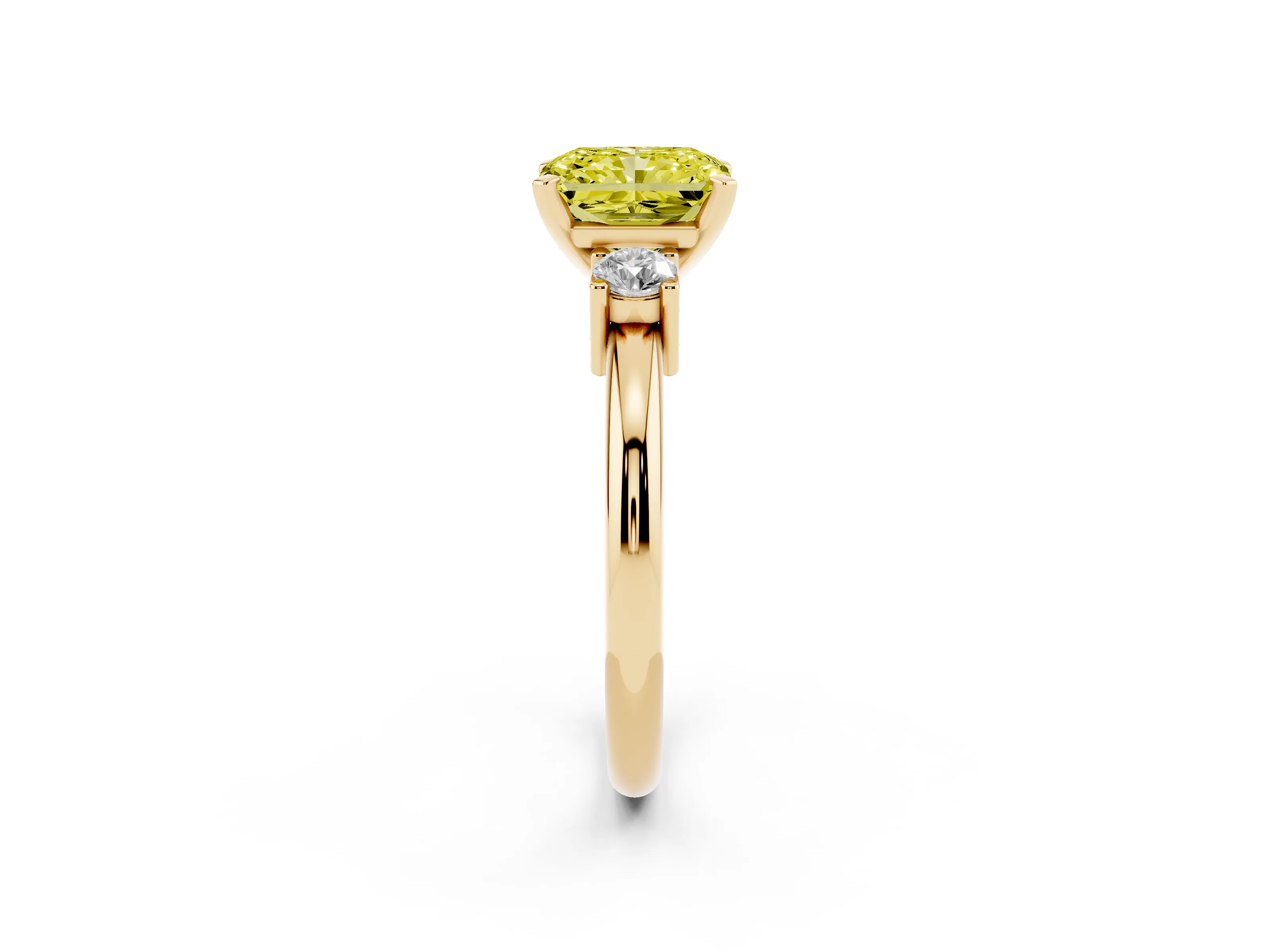 Fancy Yellow Three-Stone Radiant Cut Diamond Ring Set in Yellow gold with Prong Setting and Plain Band