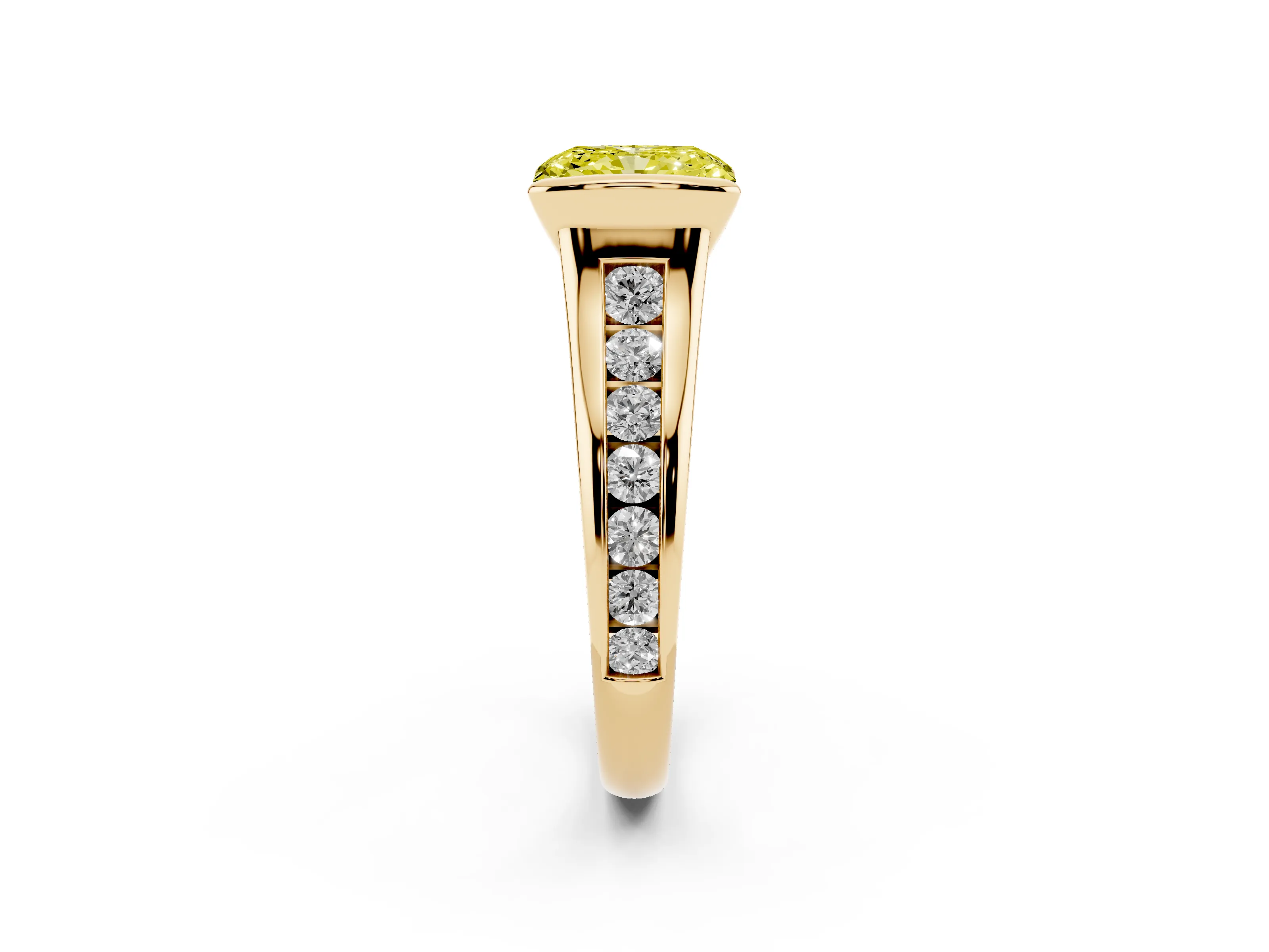 Fancy Yellow Radiant Cut Diamond Bezel-Set Solitaire Ring Set in Yellow gold with Channel-Set Band