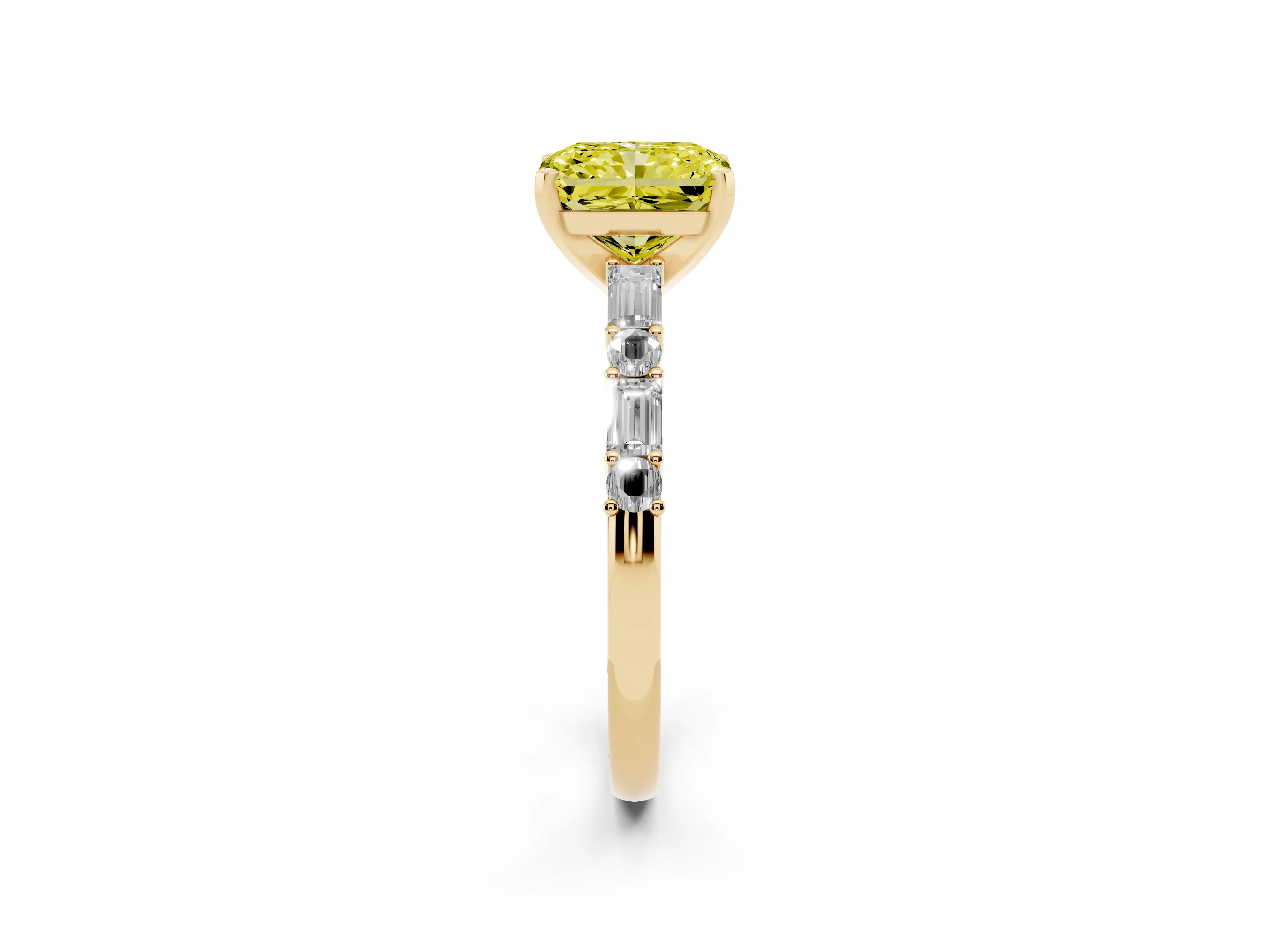 Fancy Yellow Radiant Cut Diamond Solitaire Set in Yellow gold with Side Baguettes and Channel Set Band