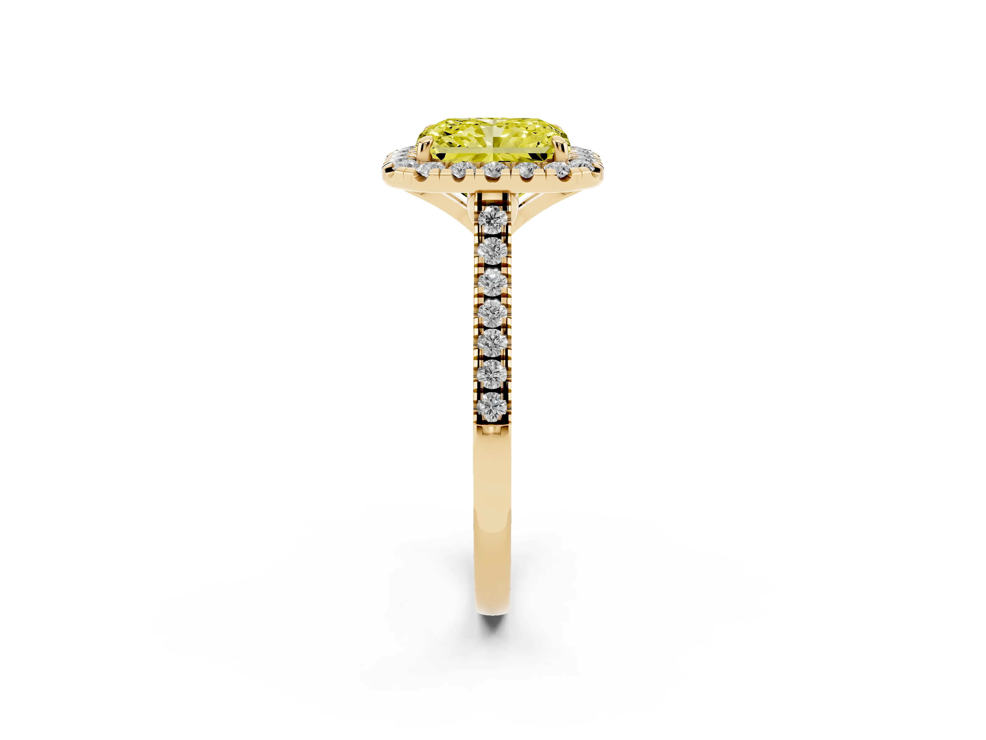 Fancy Yellow Radiant Cut Diamond Cushion Halo Ring Set in Yellow gold with Pavé Band