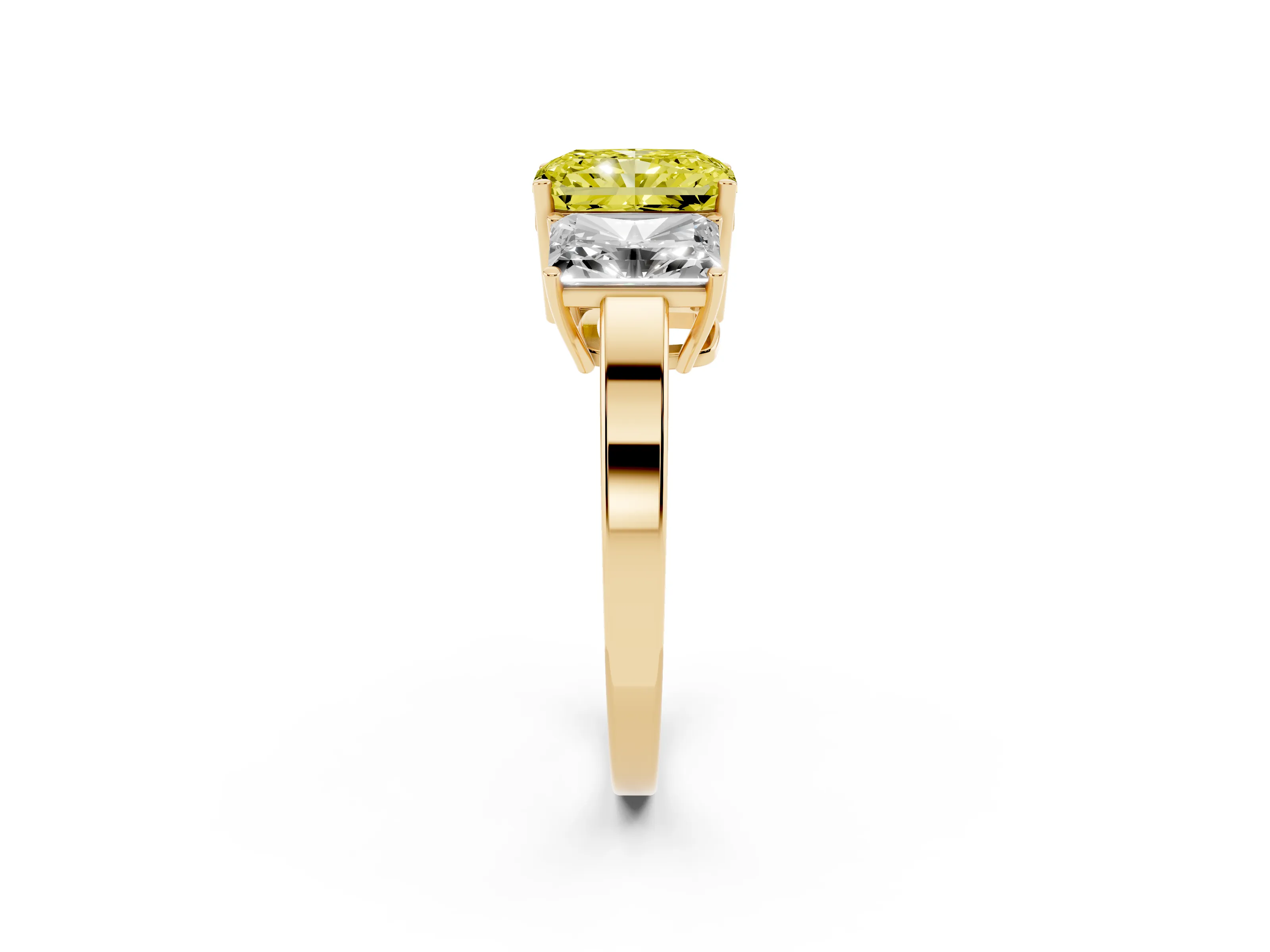 Fancy Yellow Radiant Cut Diamond Three-Stone Engagement Ring Set in Yellow gold with Flat Band
