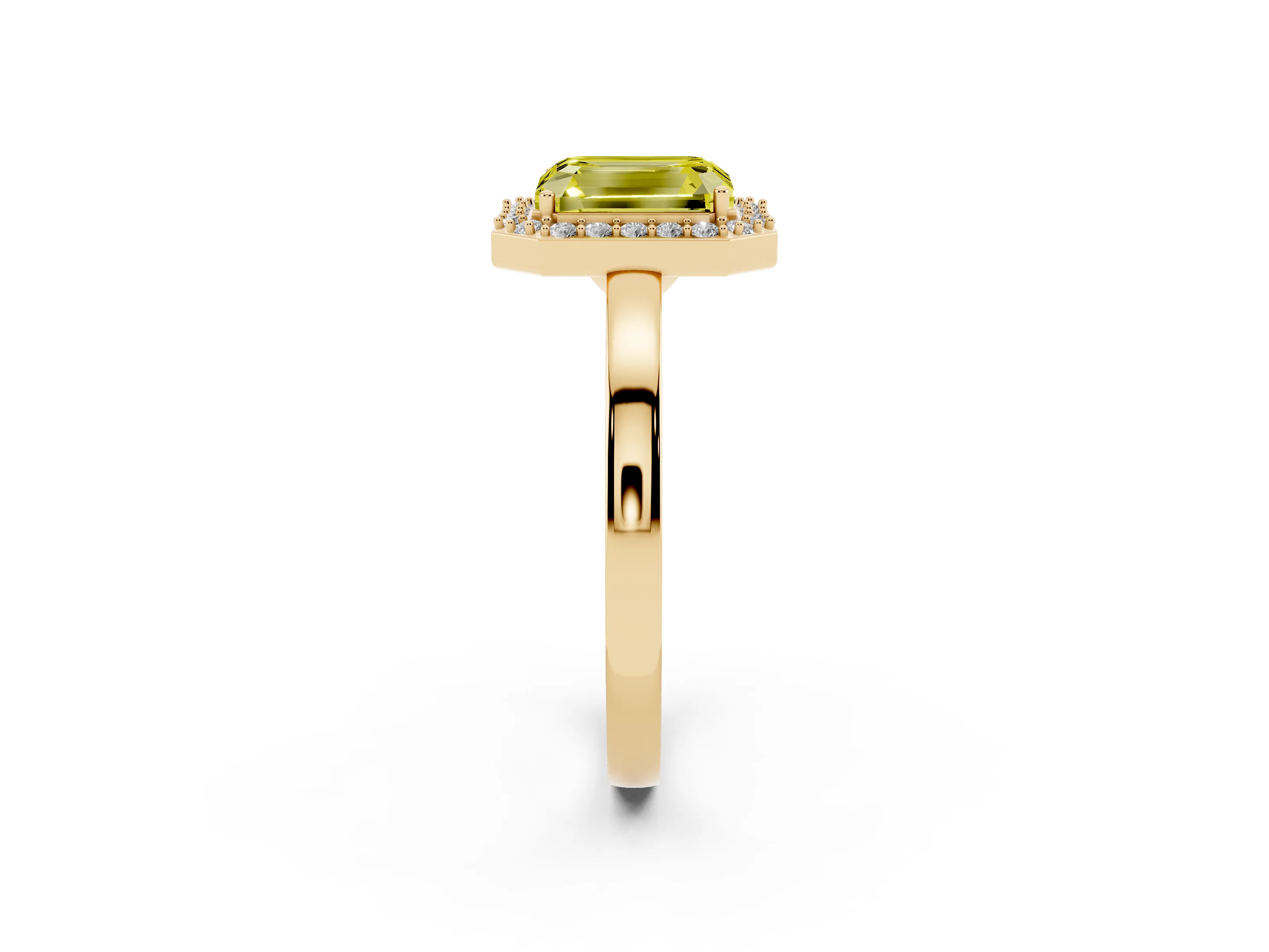 Fancy Yellow Radiant Cut Diamond Halo Ring Set in Yellow gold with Solitaire Band and Prong Setting