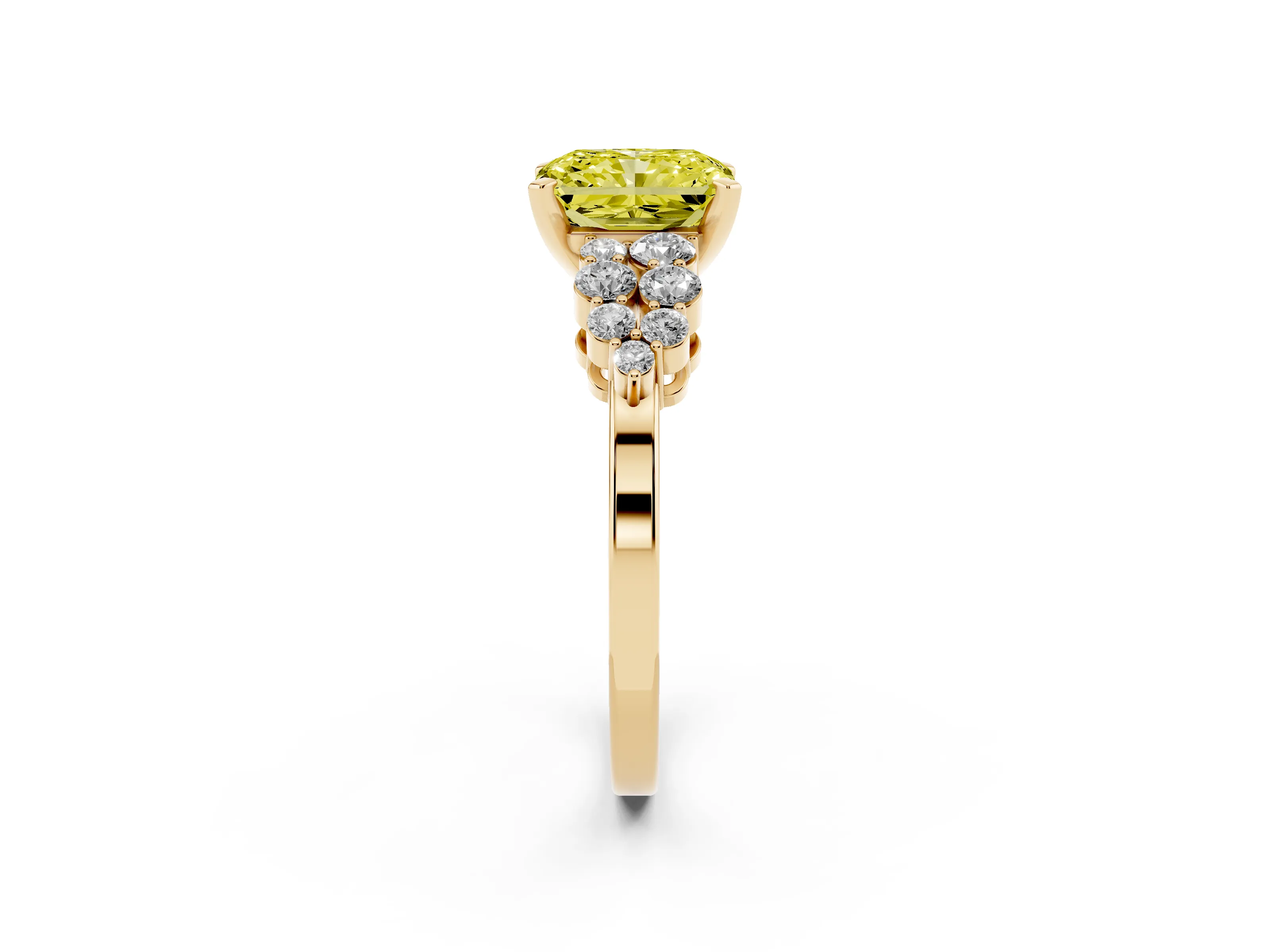 Fancy Yellow Radiant Cut Diamond Cluster Engagement Ring Set in Yellow gold with Pavé Band and Prong Setting