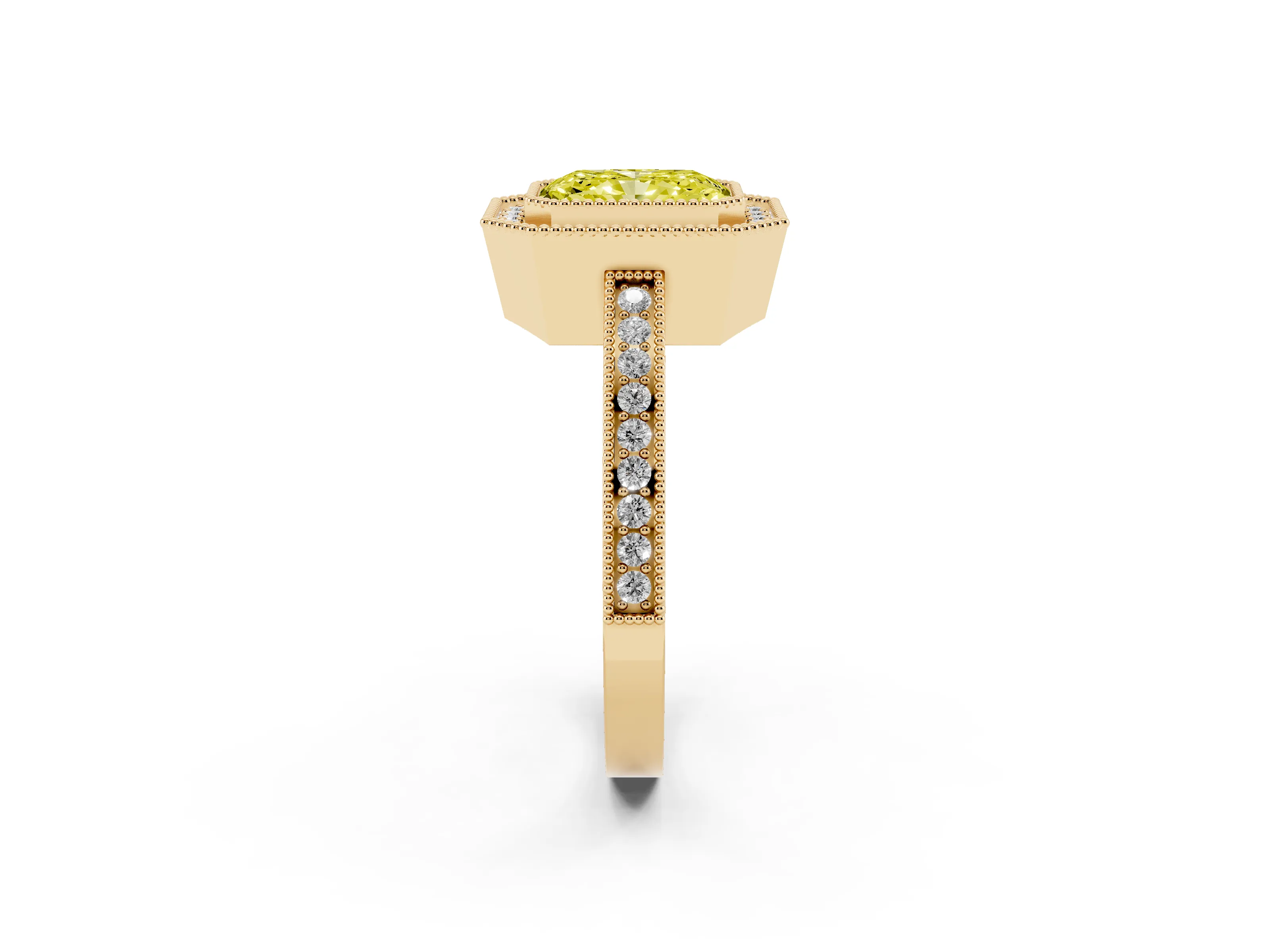Fancy Yellow Radiant Cut Diamond Halo Ring Set in Yellow gold with Pavé Band and Milgrain-Edged Prongs