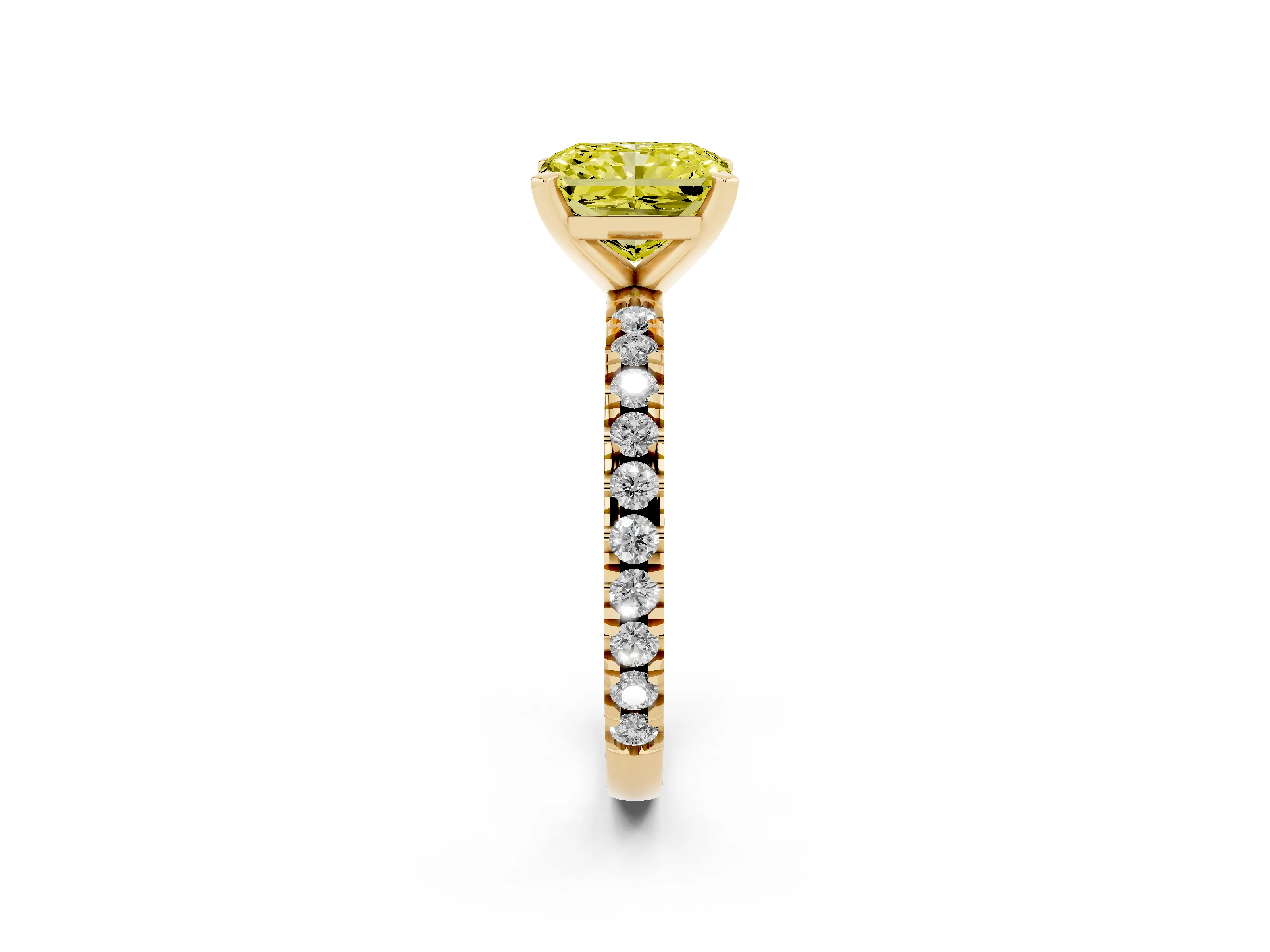 Fancy Yellow Radiant Cut Diamond Pavé Band Solitaire Set in Yellow gold with Prong Setting