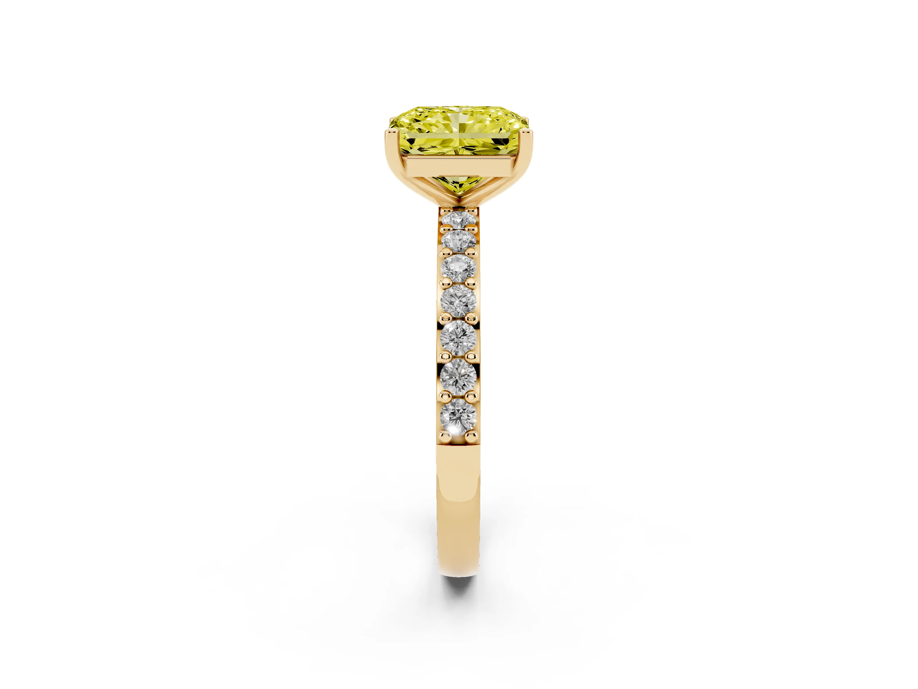 Fancy Yellow Radiant Cut Diamond Solitaire Set in Yellow gold with Round Pavé Band and Prong Setting