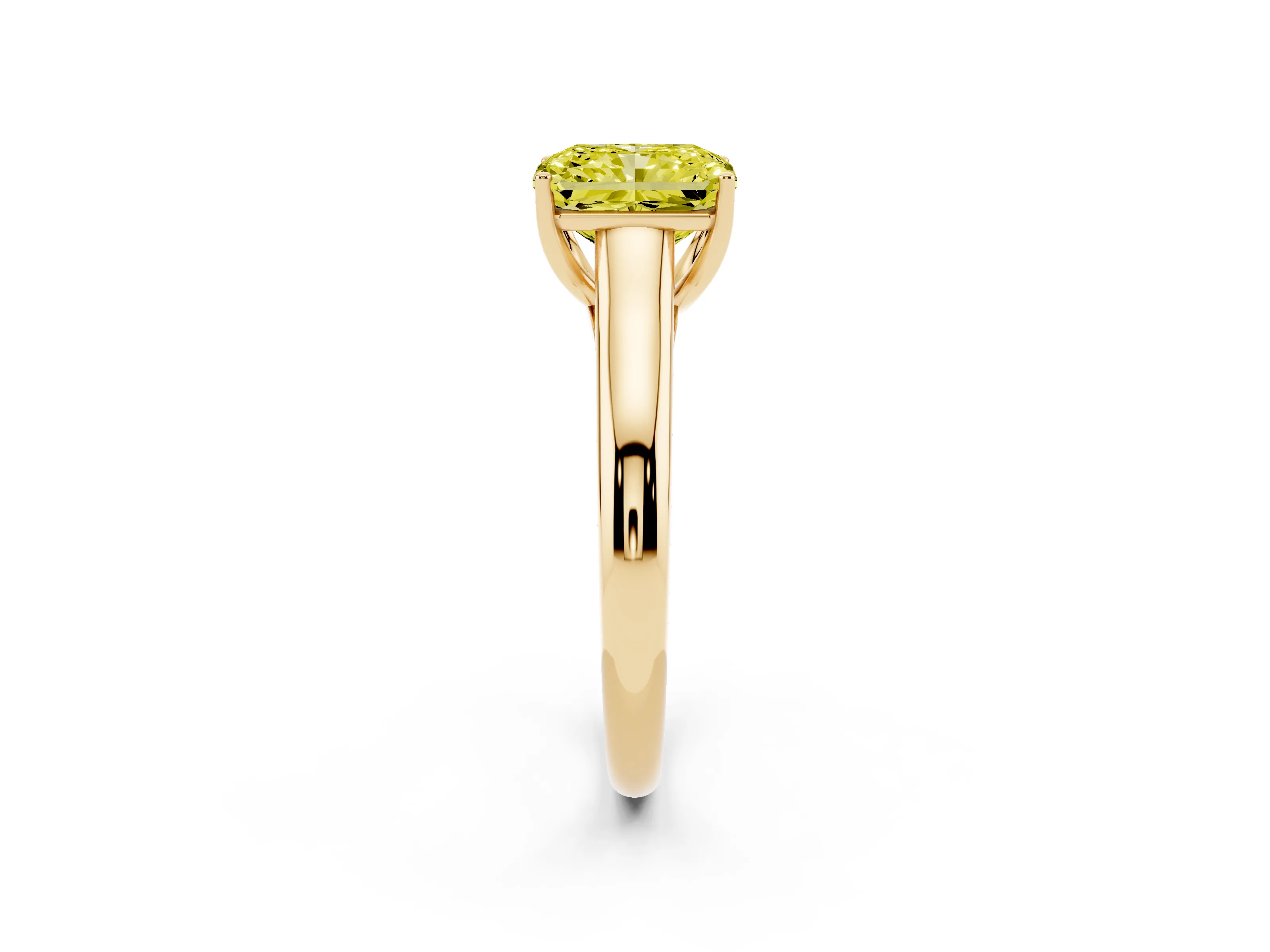Fancy Yellow Radiant Cut Diamond Solitaire Engagement Ring Set in Yellow gold with Subtly Tapered Band and Prong Setting