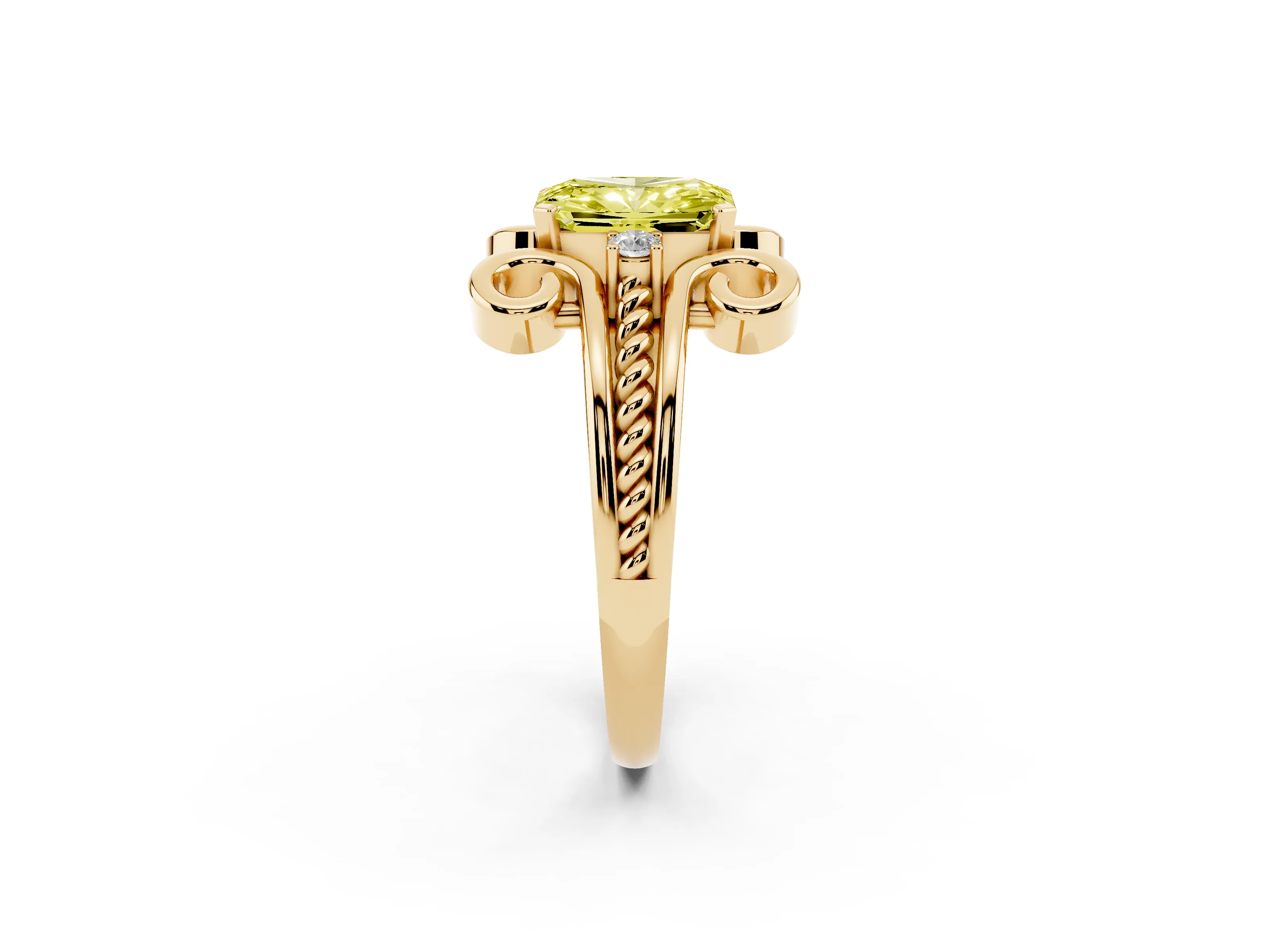 Fancy Yellow Radiant Cut Diamond Twisted Band Solitaire Ring Set in Yellow gold with Scroll Prongs