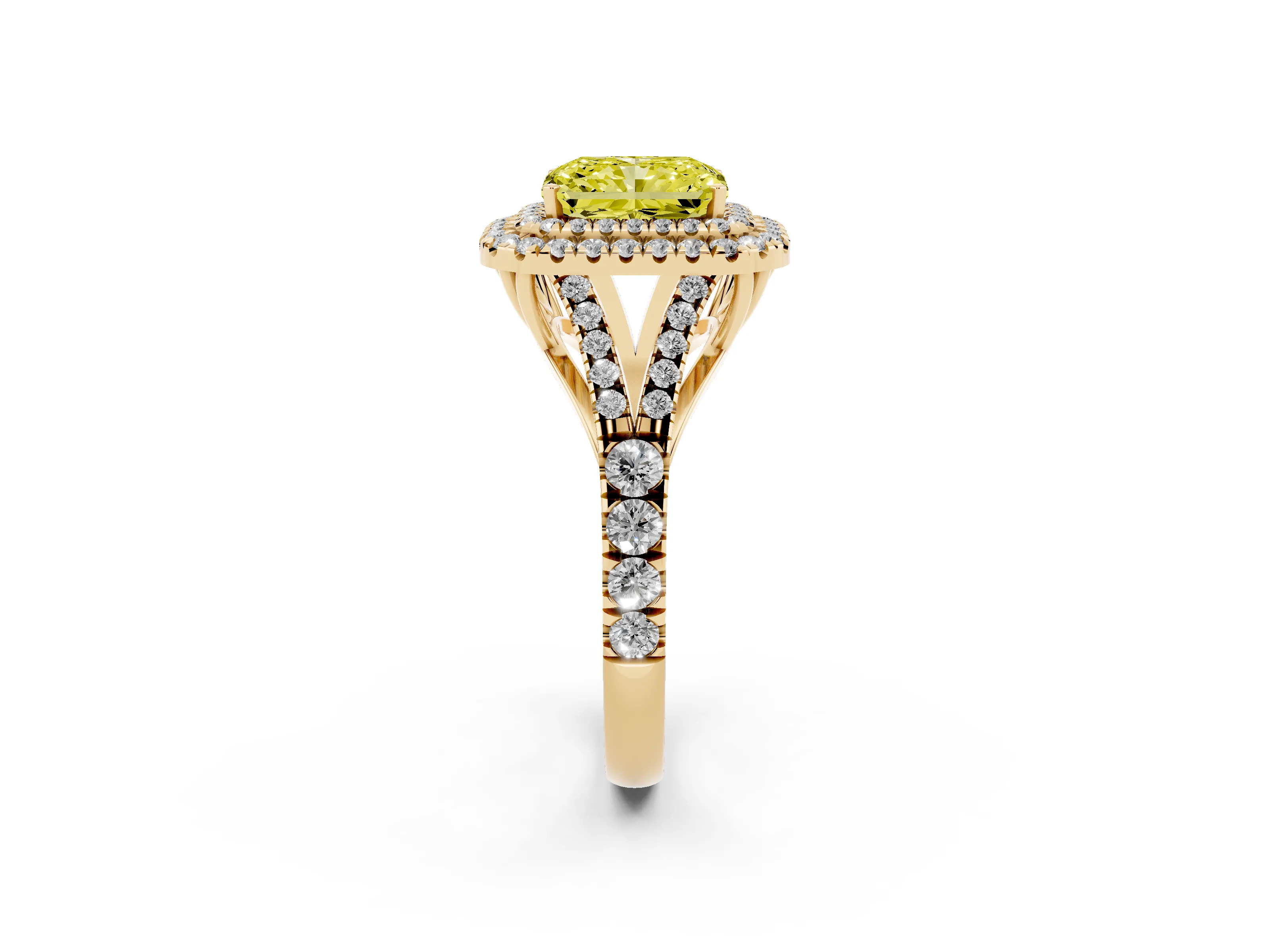 Fancy Yellow Radiant Cut Diamond Pavé Split Shank Double Halo Engagement Ring Set in Yellow gold