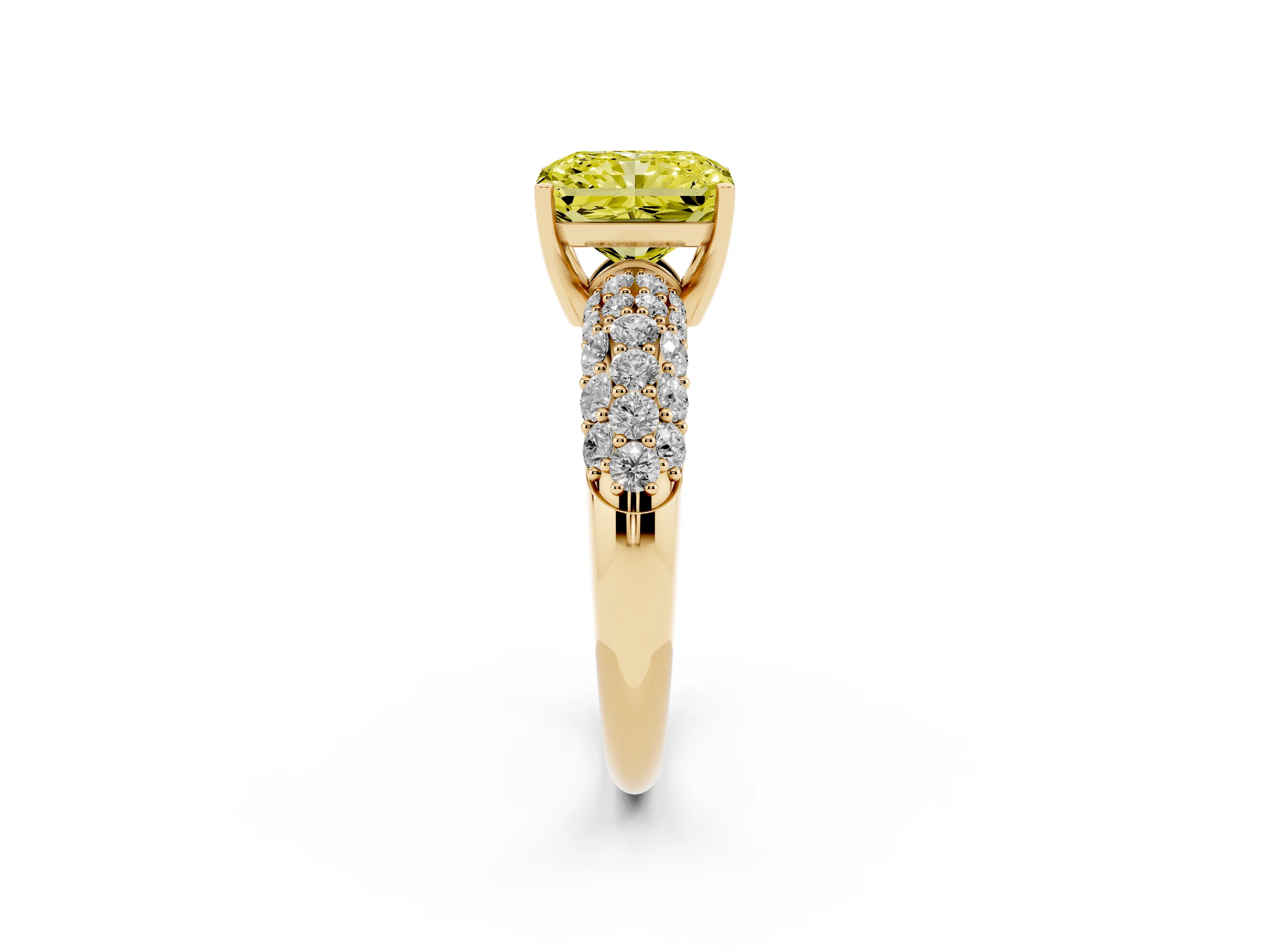 Fancy Yellow Radiant Cut Diamond Pavé Band Solitaire Ring Set in Yellow gold with Close-Set Accent Stones and Prong Setting