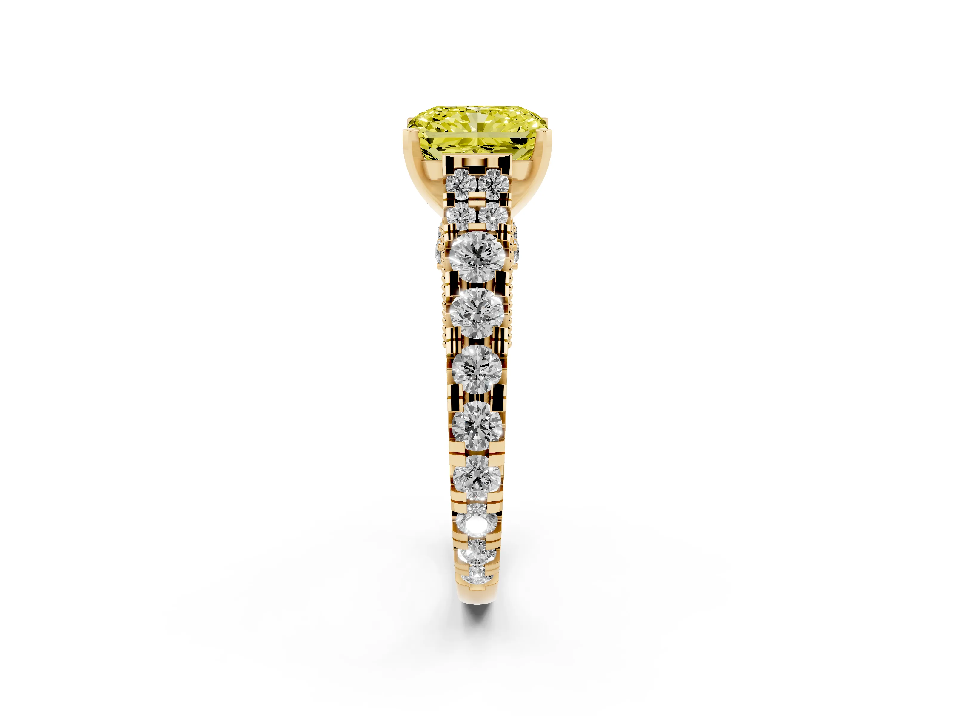 Fancy Yellow Radiant Cut Diamond Classic Solitaire Ring Set in Yellow gold with Pavé Band and Prong Setting