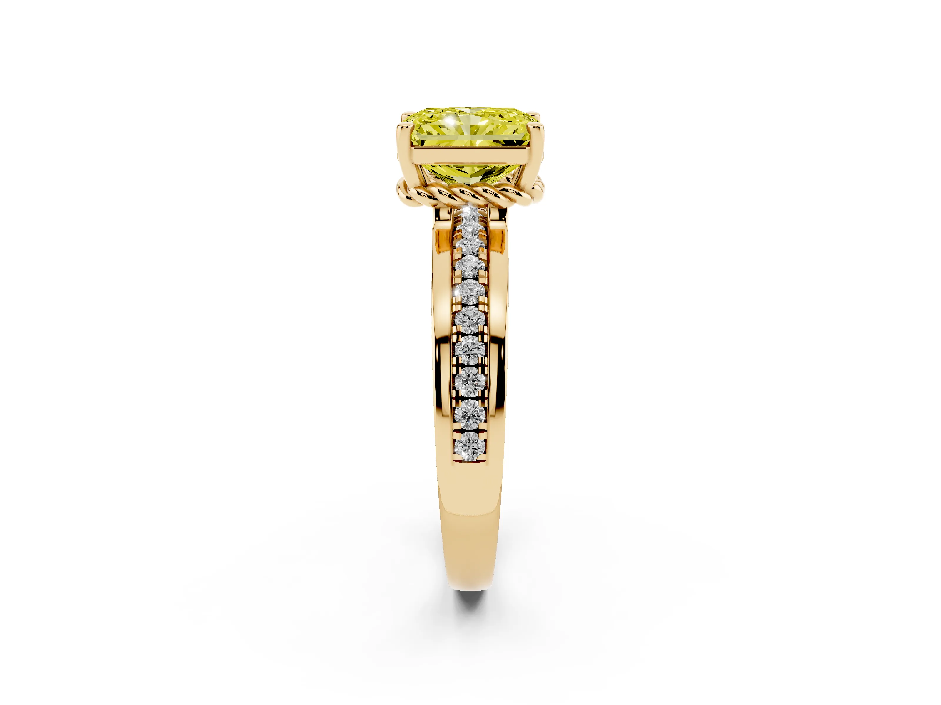 Fancy Yellow Radiant Cut Diamond Solitaire Ring Set in Yellow gold with Channel Set Band and Prong Setting