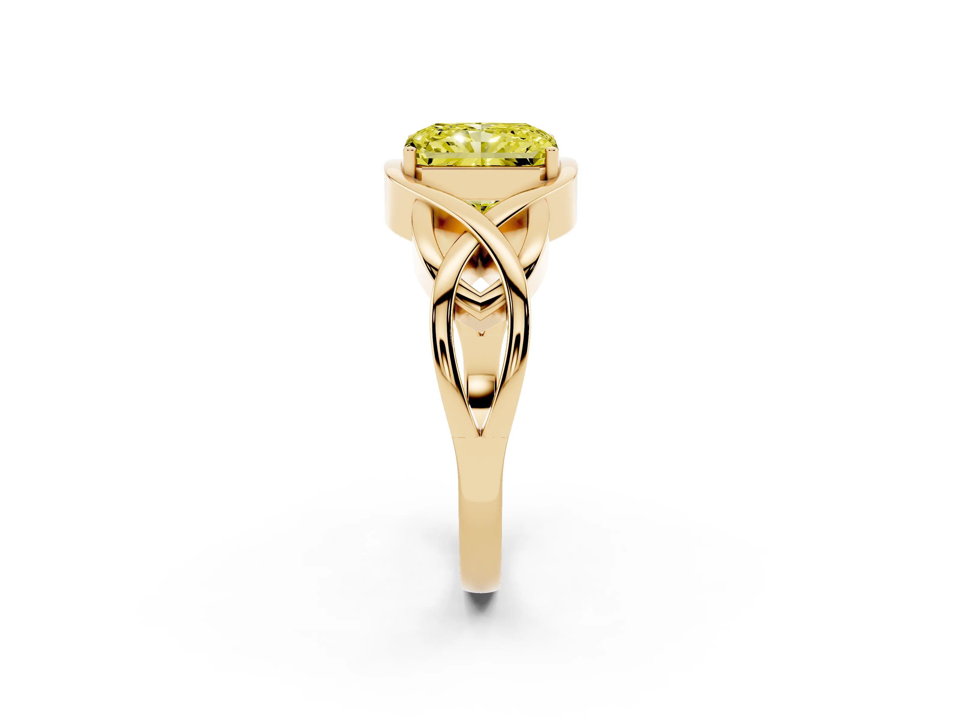 Fancy Yellow Radiant Cut Diamond Solitaire Ring Set in Yellow gold with Intertwined Band